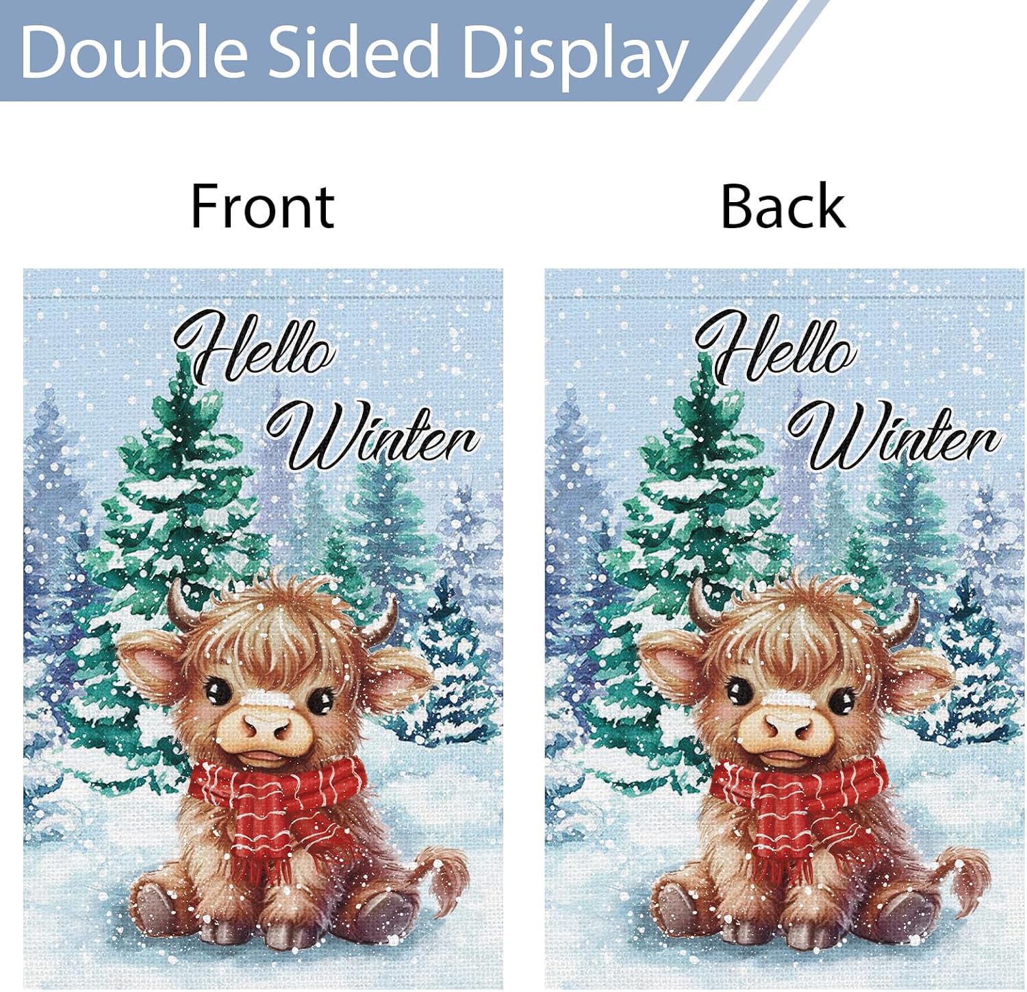 Heyfibro Hello Winter Highland Cow Garden Flag 12x18 Inch Double Sided Burlap Snow Tree Yard Flags for Seasonal Christmas Outside Outdoor Decoration (ONLY FLAG) - Image 6