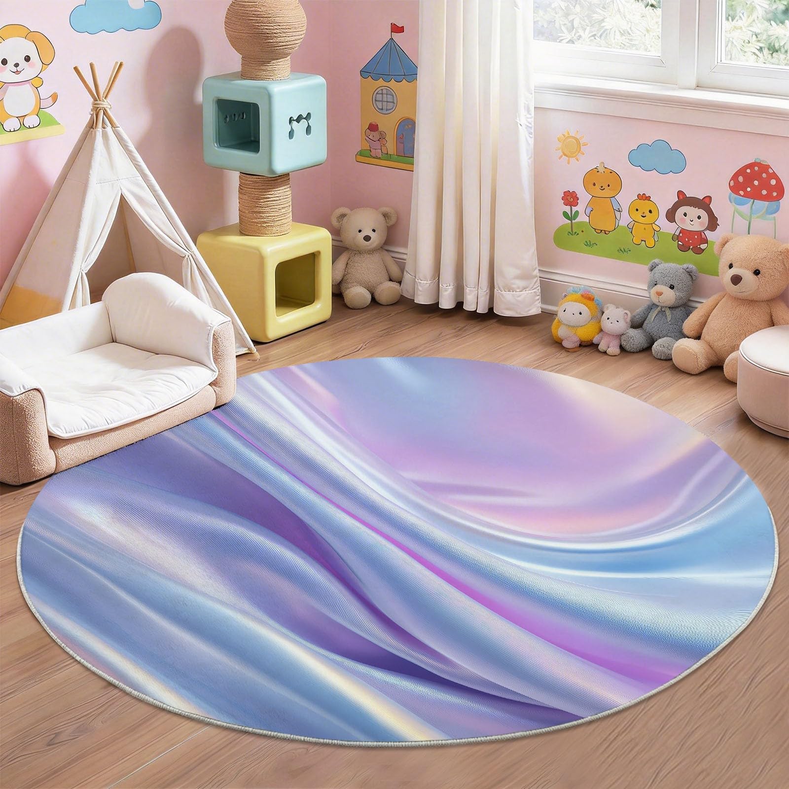 Tappeto rotondo per bambini, motivo astratto moderno a righe ondulate, morbido, per camera da letto e soggiorno, rotondo, 160 cm, retro antiscivolo, rosa blu