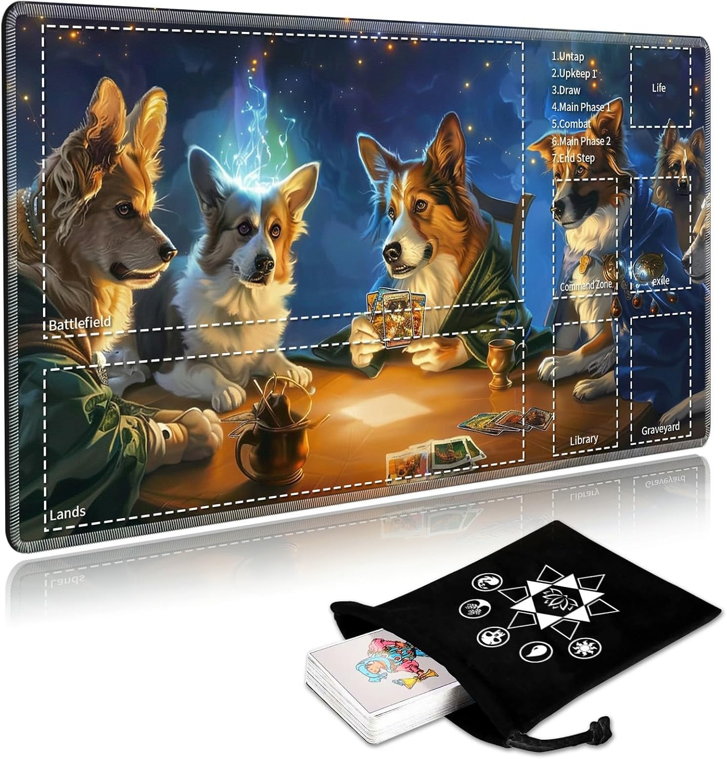 MTG Playmat with Play Zones,Dogs Playing Cards Design - 24x14 Professional TCG Game Mat with Stitched Edges & Storage Bag,Non-Slip Rubber Base, for Magic The Gathering Players