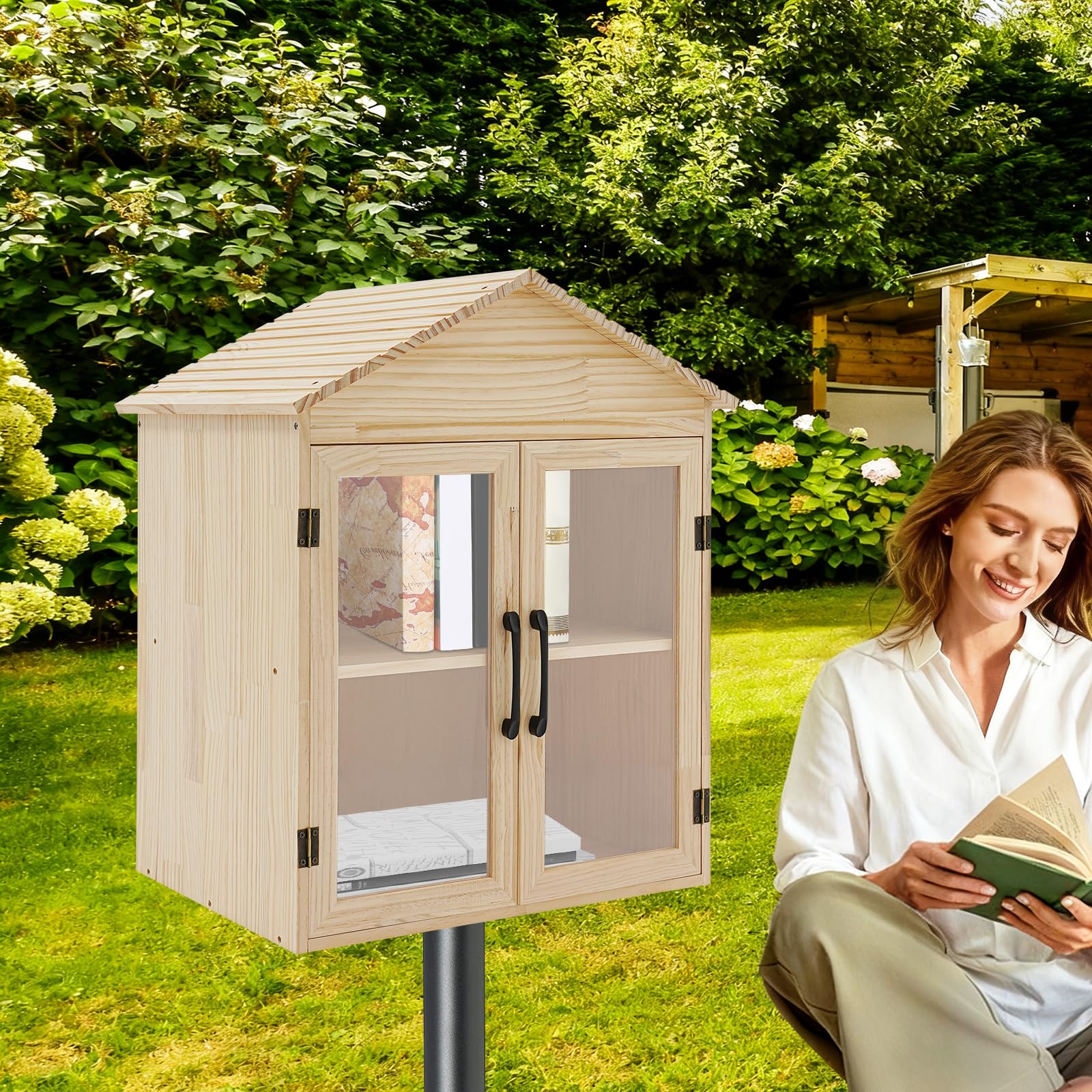 Outdoor Library Book Box, Double Literaturaustauschbox, Bücheraufbewahrung, Kleiner Holz Bücherbox für Heimwerker, Nachbarschaften, Gemeinschaft und Schulen