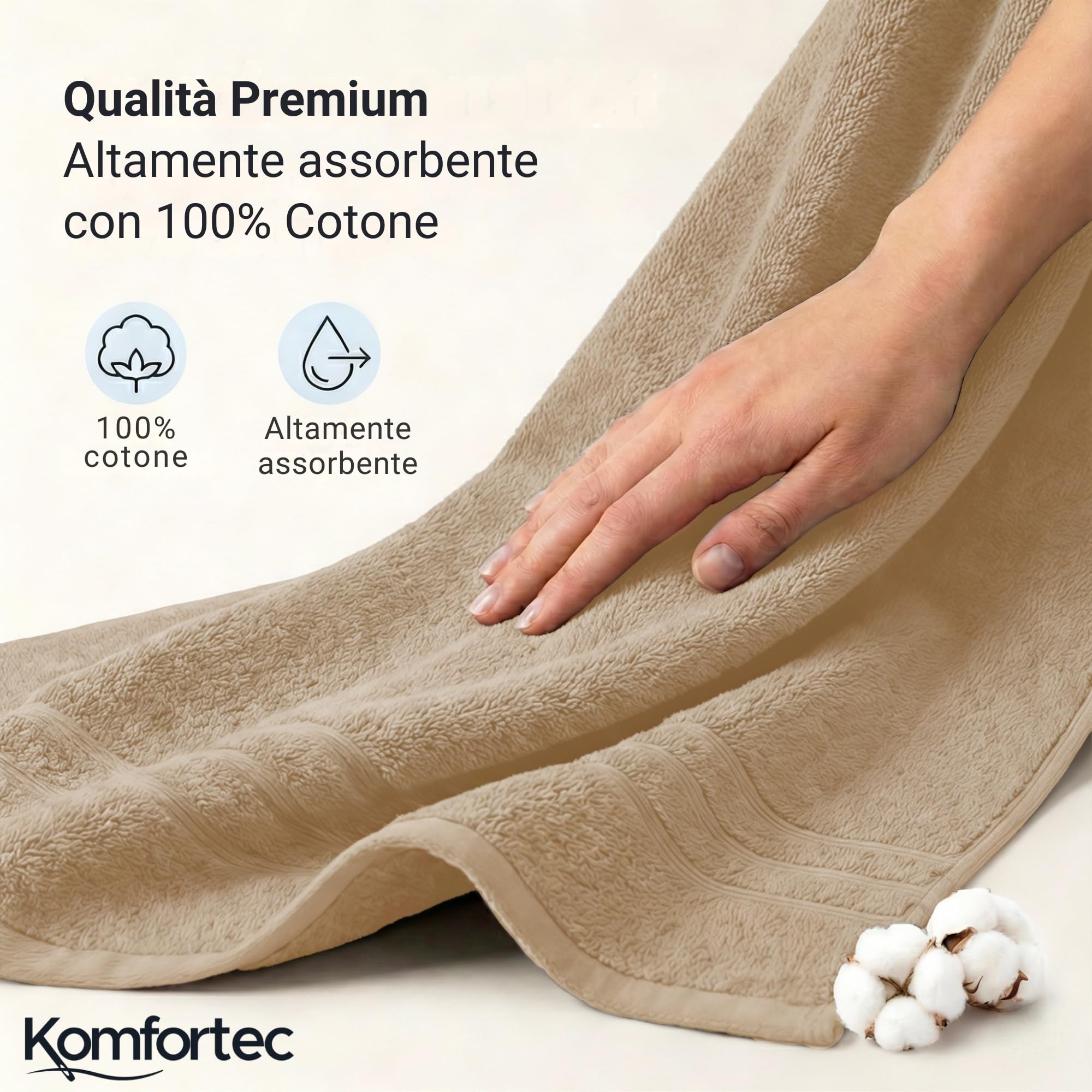 Komfortec Asciugamani 2 per Sauna 80x200 cm in 100% Cotone,470 g/m², Asciugamano Doccia Grande, Morbido, Asciugatura Rapida, Beige