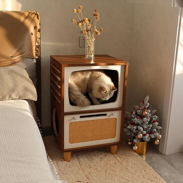 Cat House Side Table, 2-in-1 Wooden Cat House and Bedside Table with Scratching Board - Large Retro TV-Style Two-Tier Indoor Cat Activity Center, Suitable for Indoor Use, Bedside. (Walnut, O)