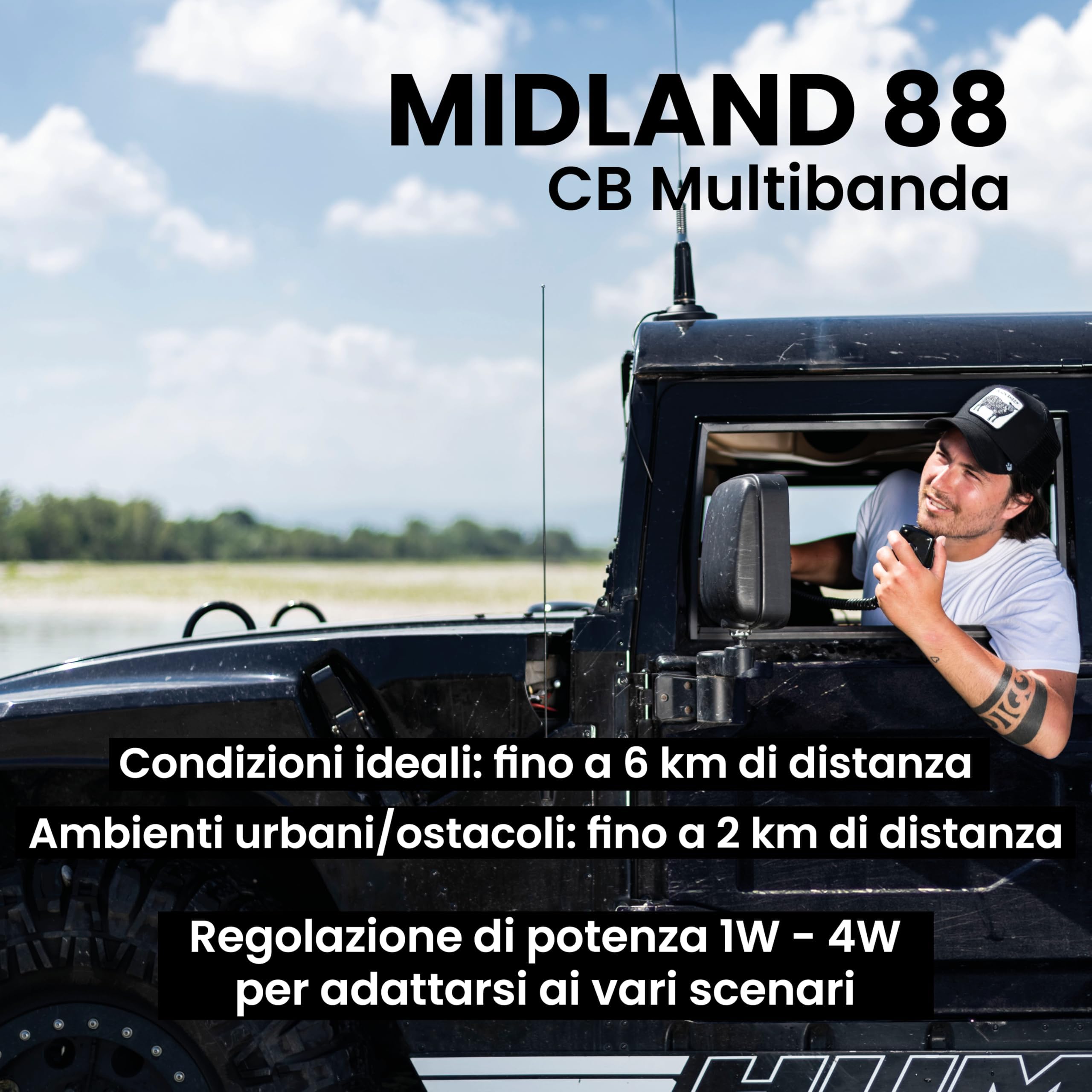Midland - Radio CB M88 Veicolare Senza Licenza, Ricetrasmittenti Professionali per Tutti Scomparti DIN, Auto Camion Camper e Altri - Display TFT Multicolor, Noise Blanker/HIC, Alimentazione Universale
