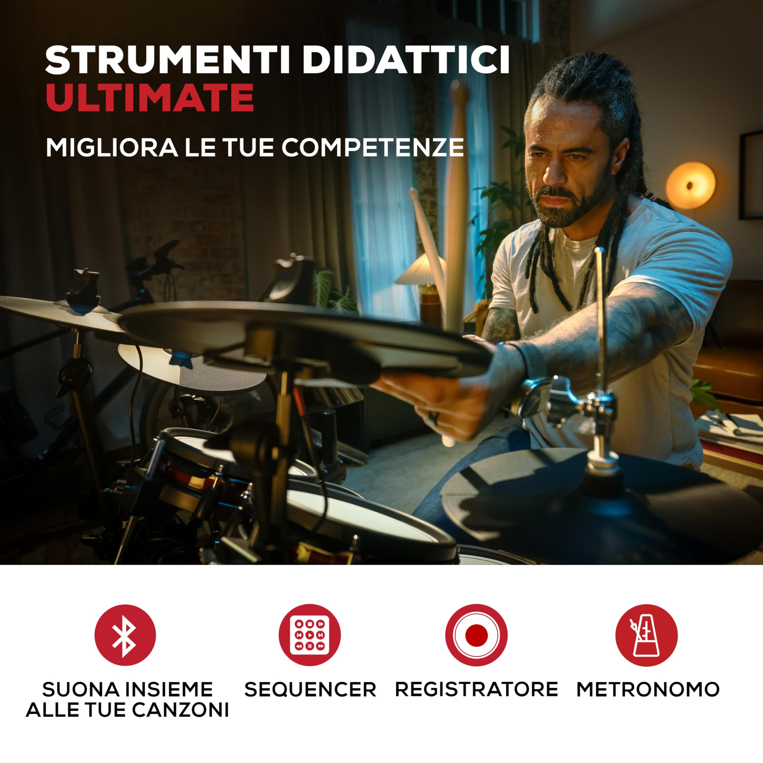 Alesis Nitro Ultimate Batteria Elettronica | Rullante 10" e Tom 8" Dual-Zone, Hi-Hat Mobile 10", 640+ Suoni BFD, Bluetooth, Drumeo, MIDI, Compatible con Doppio Pedale