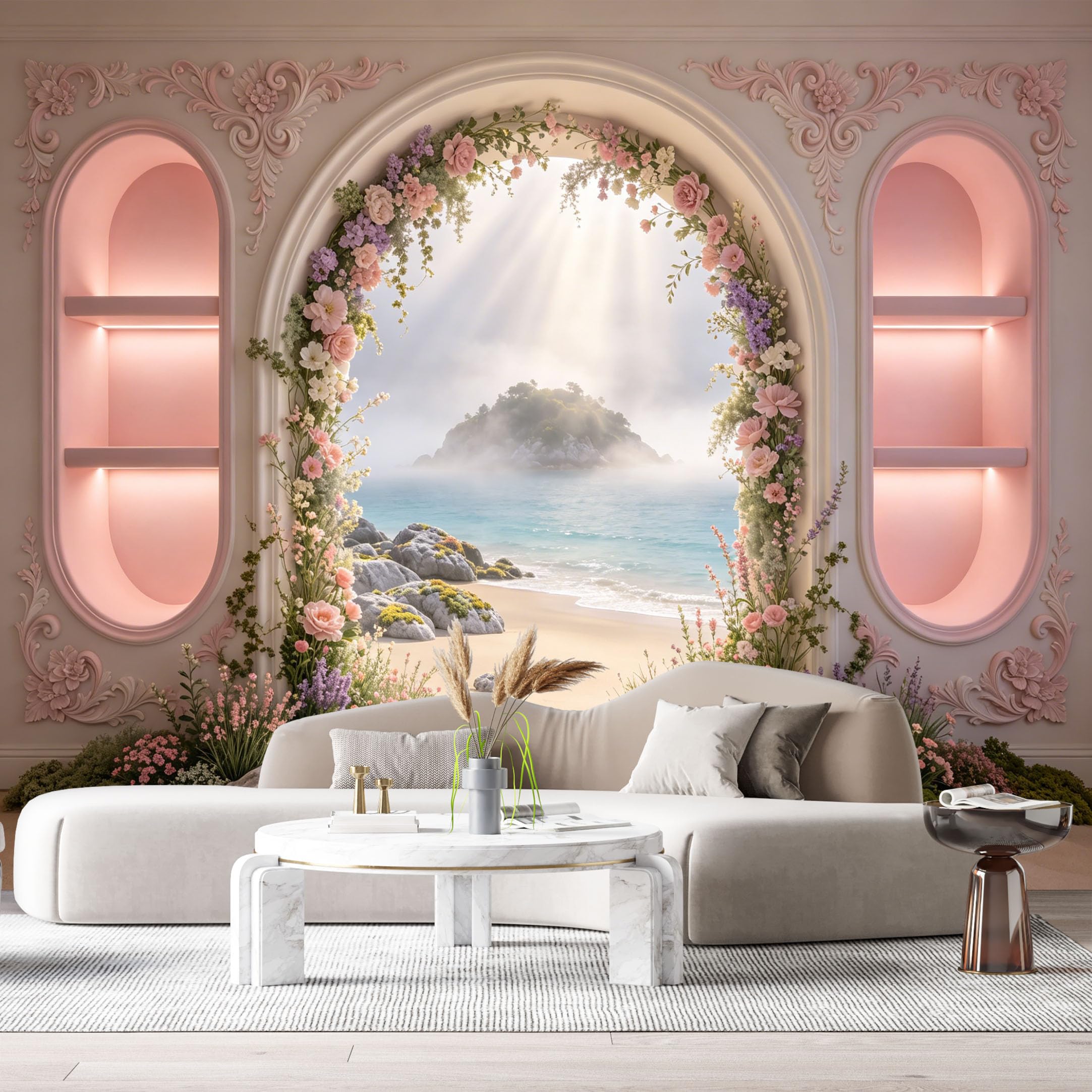 Custom Size Wall Murals Coastal Landscape Floral Archway 3D Trompe L'Oeil SelfAdhesiveWall Fabric Removable Wallpaper Wall Decor for Living Room Bedroom Bathroom
