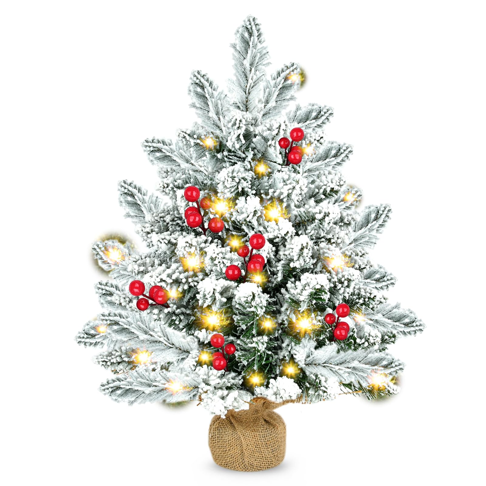 Tabletop Christmas Tree, 20 inch Artificial Mini Christmas Tree with LED Lights, Snowy Spruce Xmas Tree with Pine Cones and Red Berries, Holiday Desktop Christmas Decorations,Burlap Base