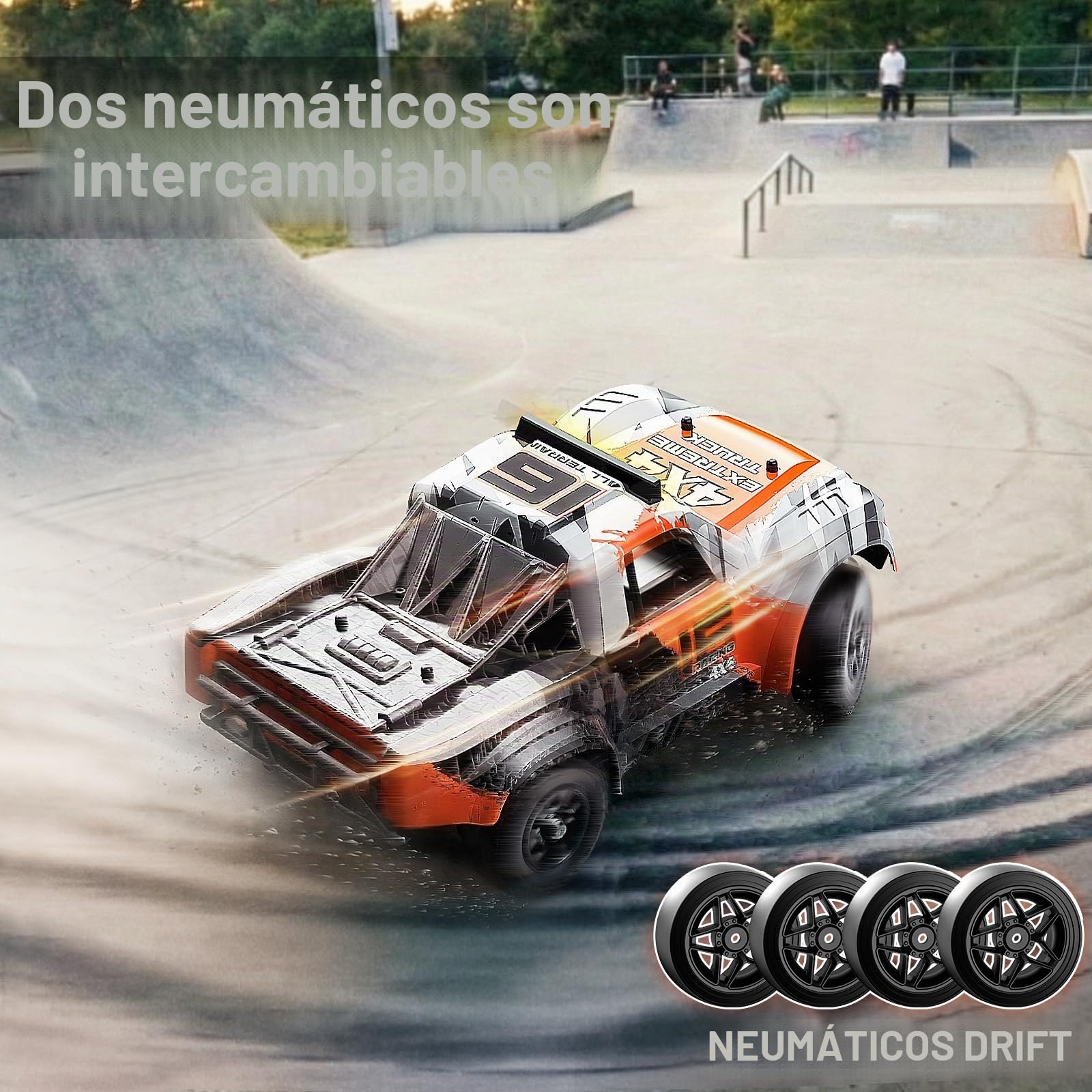 Coche teledirigido 1:16, Coche radiocontrol 4wd para Drift y Tierra 36 km/h, Coche RC 2,4GHz RTR, 2×7,4V 1300mAh baterías, 2 Juegos neumáticos, transmisión metálica, 8+ y Adultos Principiantes