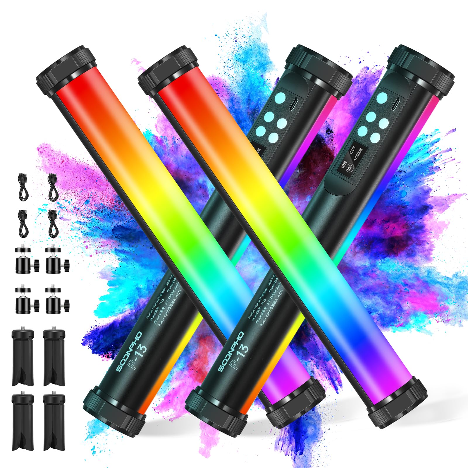 soonpho Soonpho 4Pack P13 RGB LED Luce Video Stick Tubo Luci a Mano Luce Video Tubo con Caricatore per Treppiede Colore Completo 12 Effetti Luce 3200K~8500K Illuminazione Fotografia per TikTok, Stream
