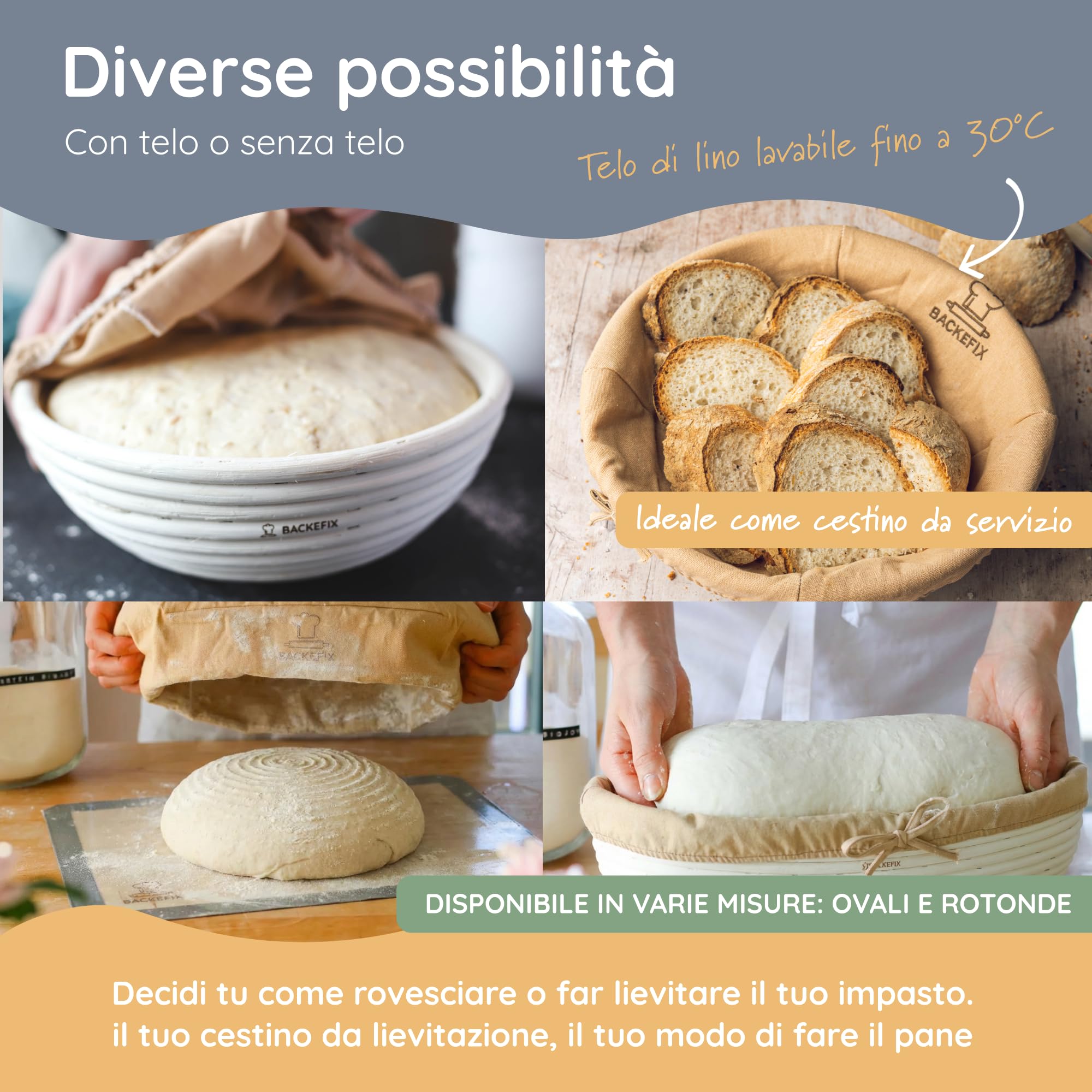 Backefix 500g fino a 1 kg cestino per la lievitazione del pane rotondo piccolo (Ø 23cm) | per un pane perfettamente formato e fatto a mano | Cestino per lievitazione naturale con panno di lino