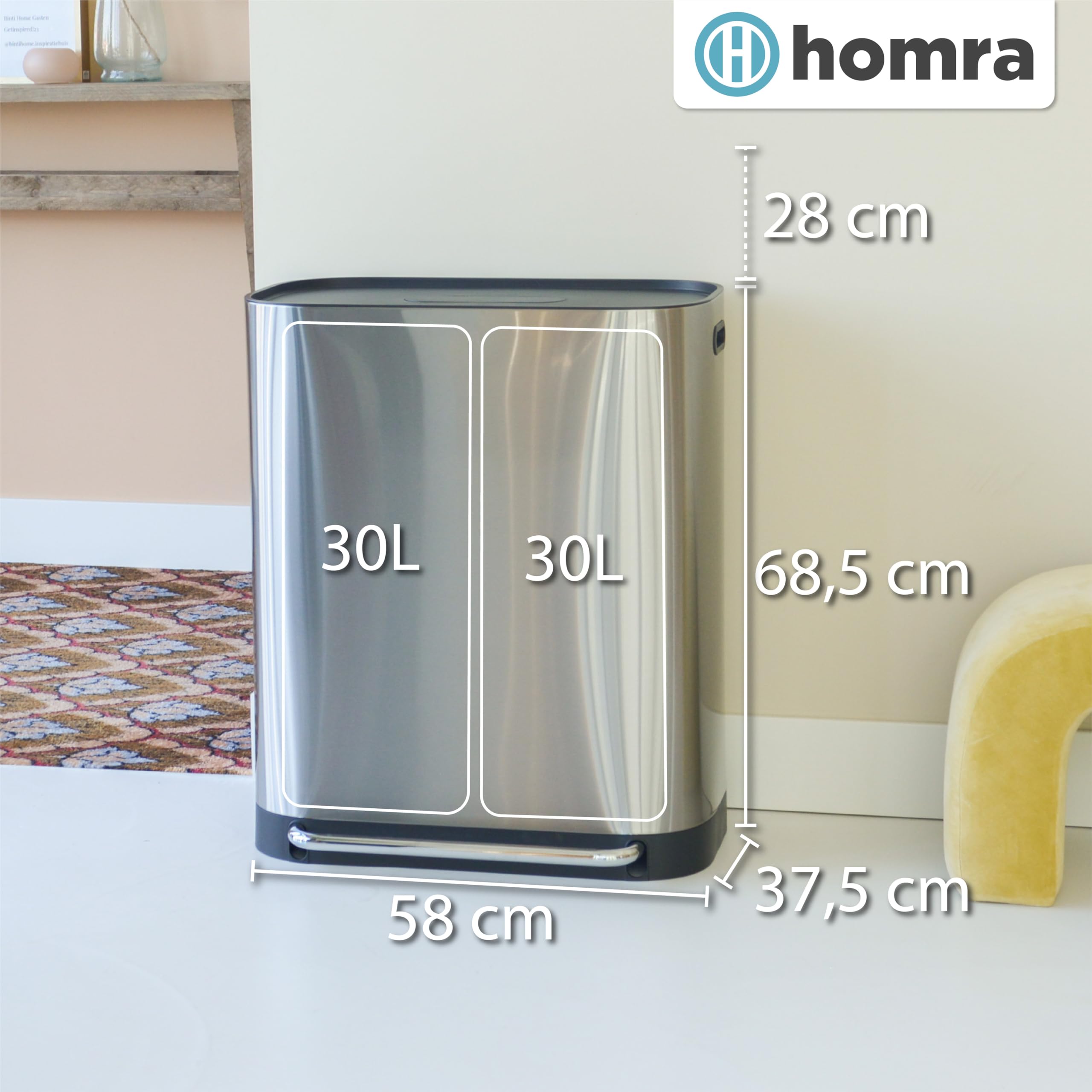 Homra Mülleimer 2 Fächer 2x30l Rockx | Abfalleimer Küche 60 Liter | Treteimer aus Edelstahl | Doppelmülleimer mit Inneneimern | Tretmülleimer 2 Fach | Trash Can Softclose | Edelstahl matt