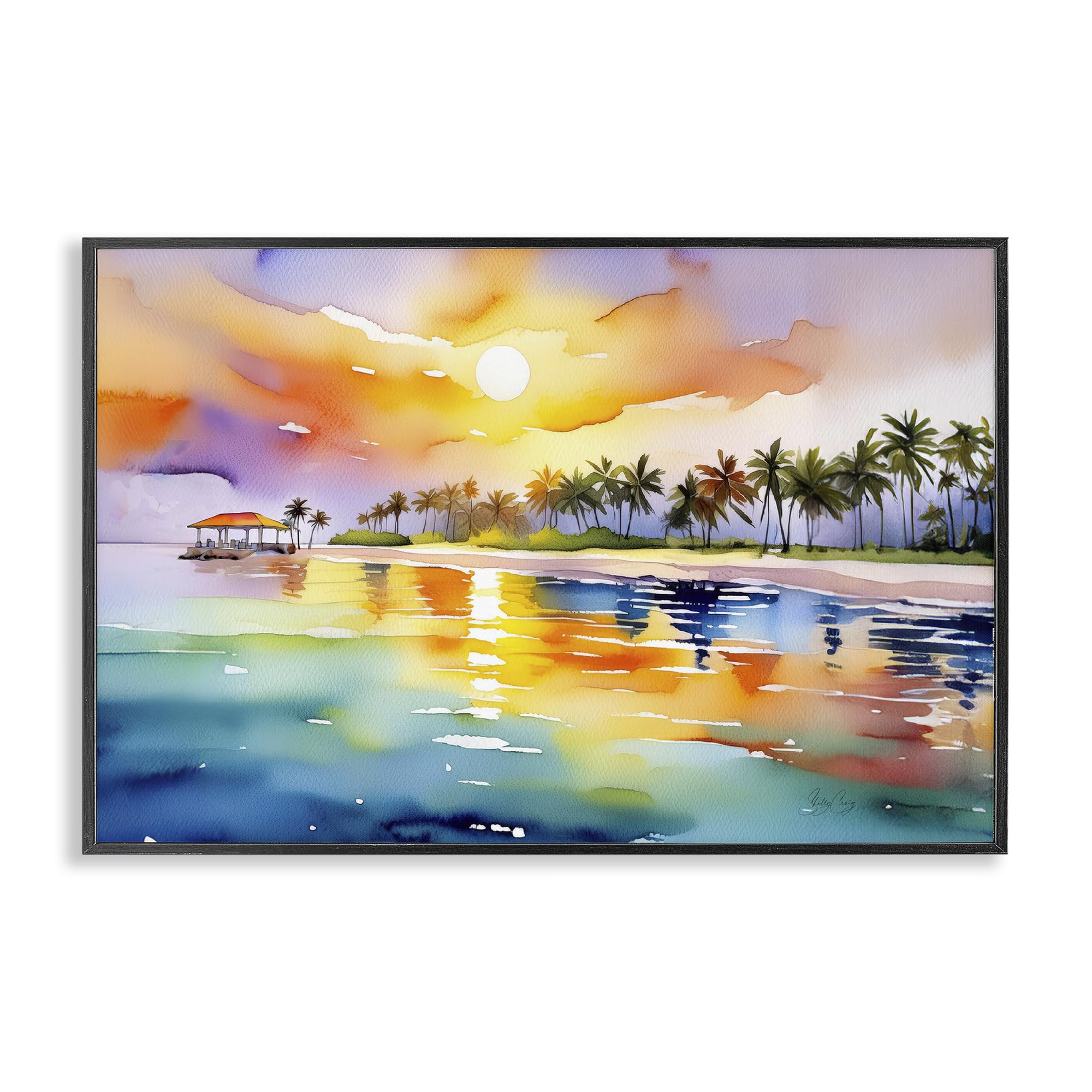 Stupell Industries 'Caribbean Calm Sunset', Framed Giclee Art, Black, 18 x 12 Inches, Easy to Hang and Sturdy, Made in USA, by Shelly Craig
