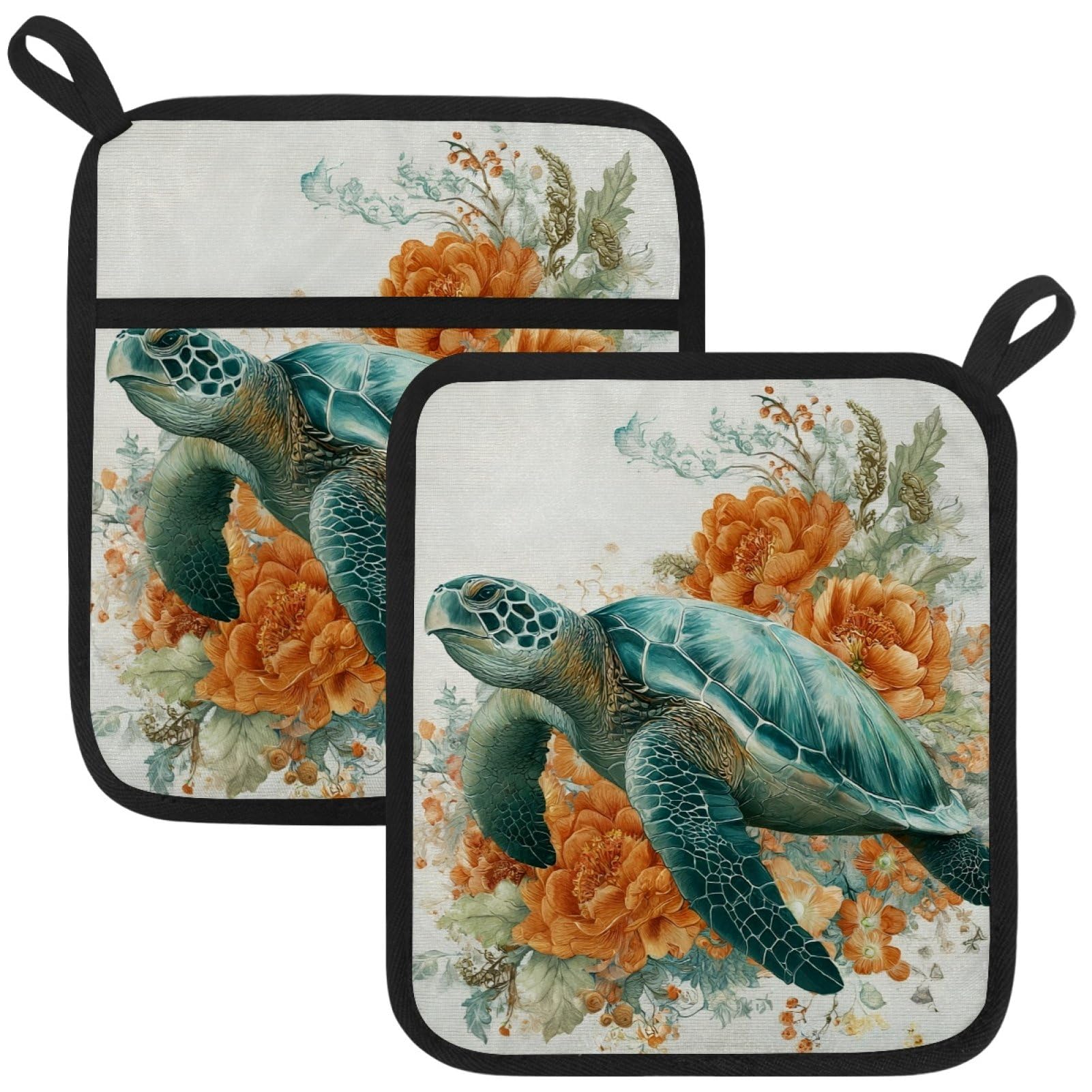 VAPOKF Sea Turtle Pot Holders with Pocket for Kitchen Heat Resistant Potholders Large Polyester-Cotton Square Oven Mitts Set