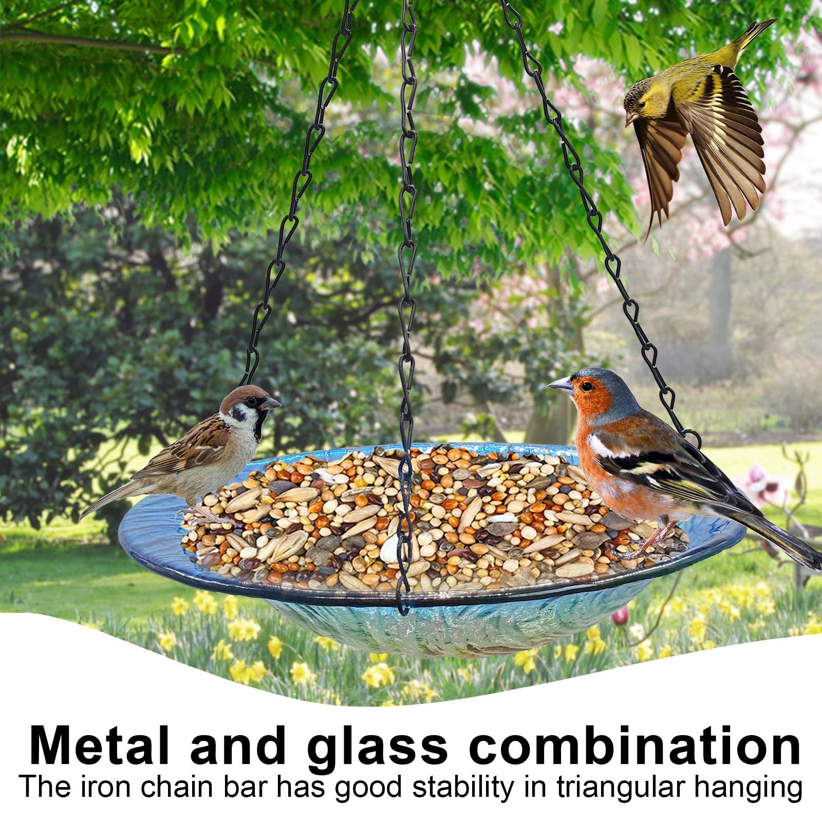 WUFEILY Hängende Vogeltränke Aus Glas – Mit Blau-orangefarbenem Muster Für Garten & Terrasse