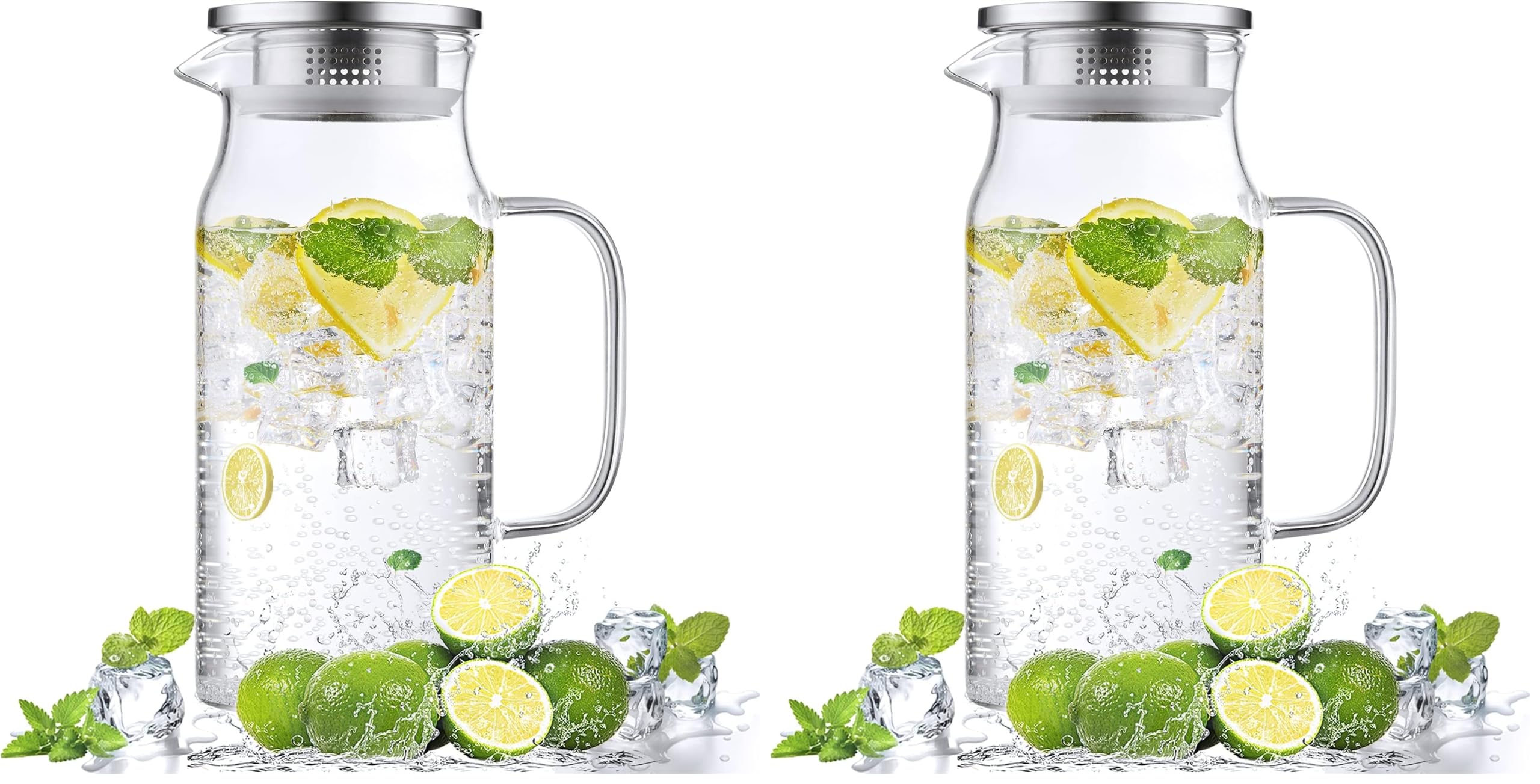 Bivvclaz 1.2 Liter 40 oz Small Glass Pitcher with Lid and Handle, Glass Carafe for Hot/Cold Water, Iced Tea Jug for Coffee, Juice and Homemade Beverage (Pack of 2)