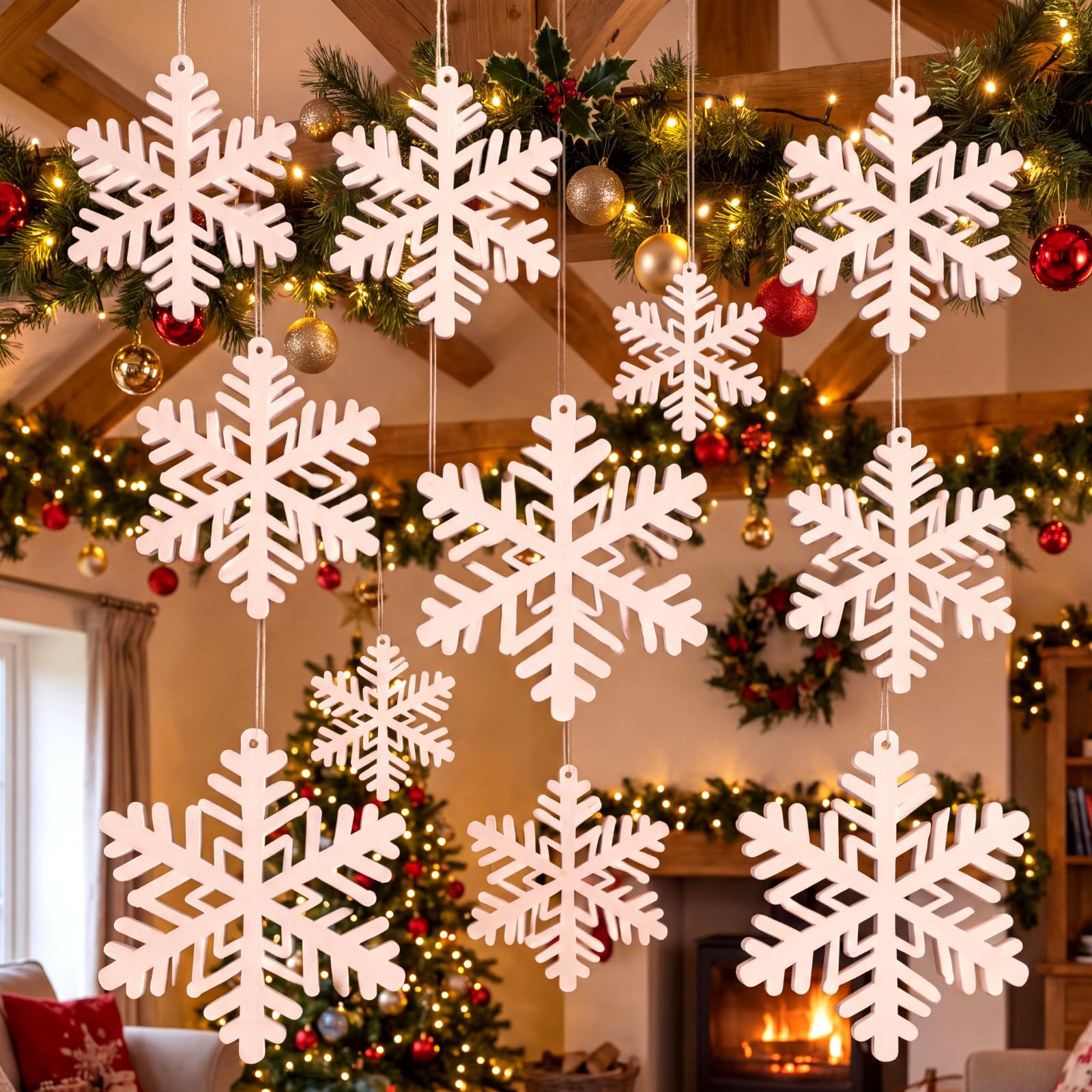 Vicenpal 12 fiocchi di neve grandi in legno ornamenti 30,5 cm fiocco di neve in legno decorazione esterna natale appeso fiocco di neve ornamenti per finestre fiocchi di neve decorazioni invernali per