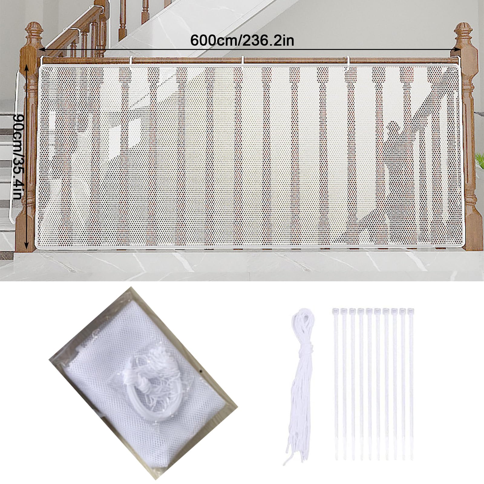 Rete Di Sicurezza Per Bambini E Animali TAZZOR 600x90 Cm – Maglia Fitta 0,5 Cm, Per Balconi E Scale, Senza Fori, Con Cinghie E Cordini, Bianca - 2