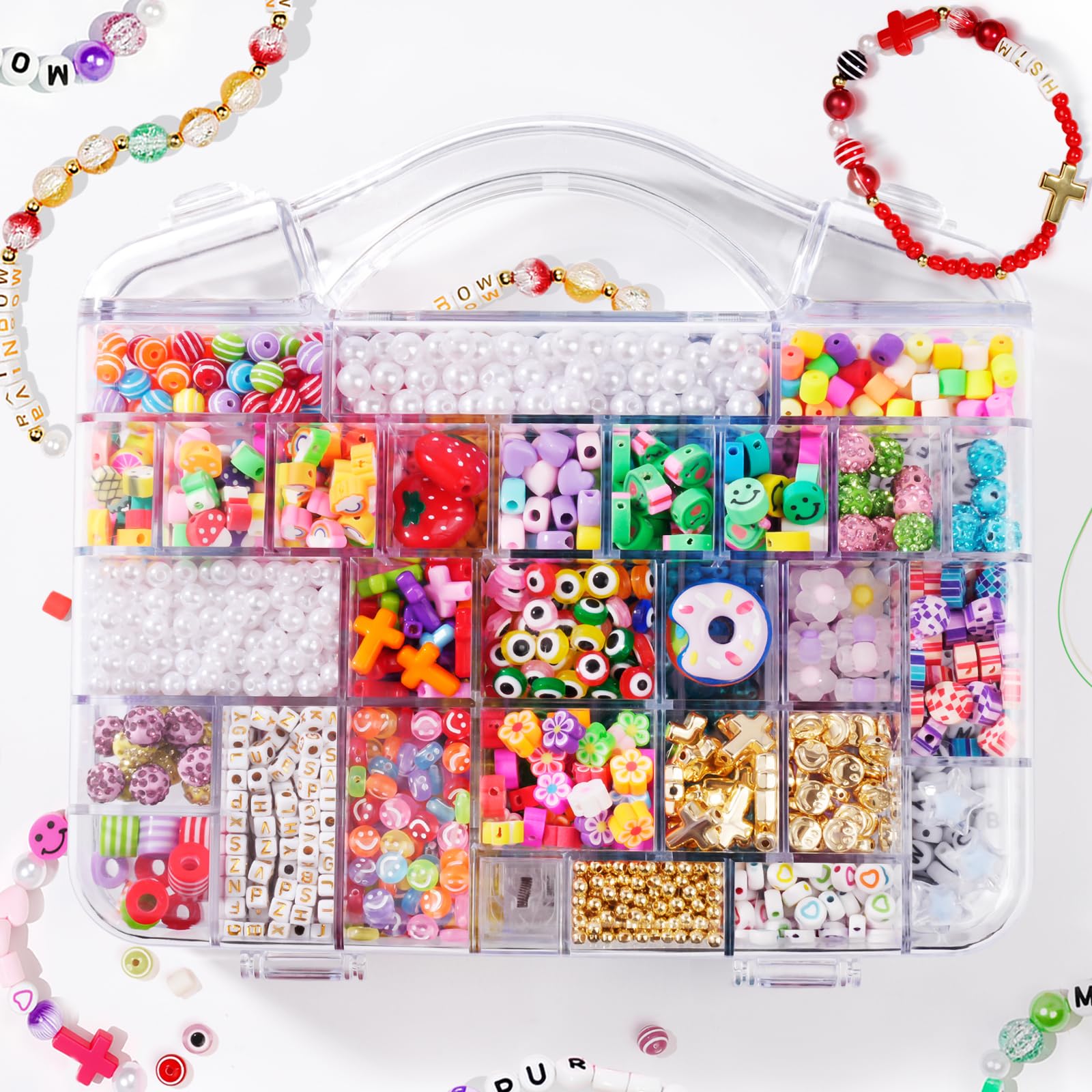 Kit per la creazione di braccialetti con oltre 2000 perline (50 tipi) – Pony, Kandi, argilla polimerica, faccina sorridente e lettere perline per la creazione di gioielli, set fai da te con