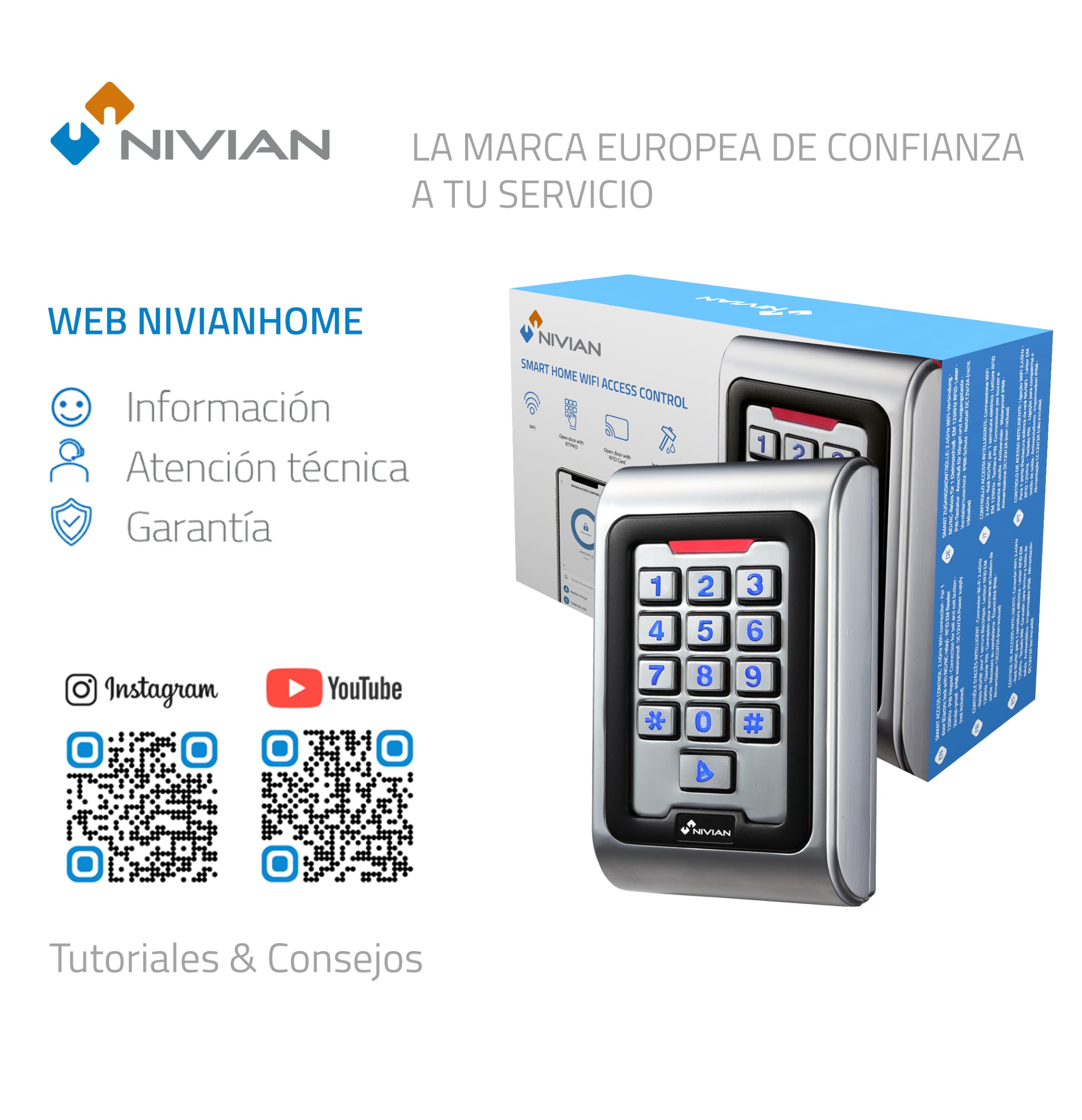 Control de Acceso autónomo NIVIAN Acceso por Tarjeta EM, Pin y App Salida de relé, pulsador y Timbre Wiegand 26 y WiFi | Control de Tiempos App Tuya Smart para gestión y Aperturas