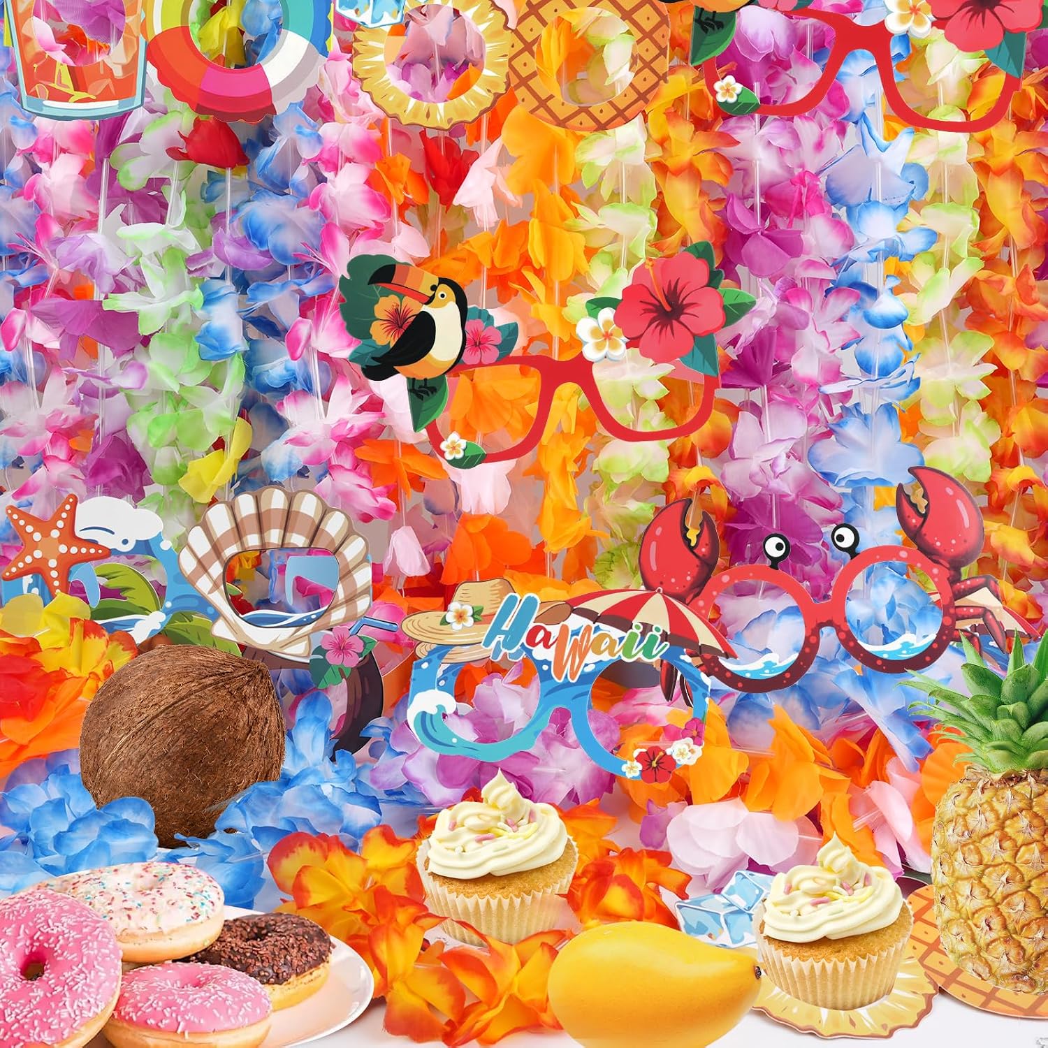 Draupnir 160Pcs Leis for Luau Party Bulk Hawaiian Accessories for Luau Party Included Leis Bulk, Colorful Bracelets, Luau Party Glasses, Flower Headbands Summer Beach Hawaiian Party Favors