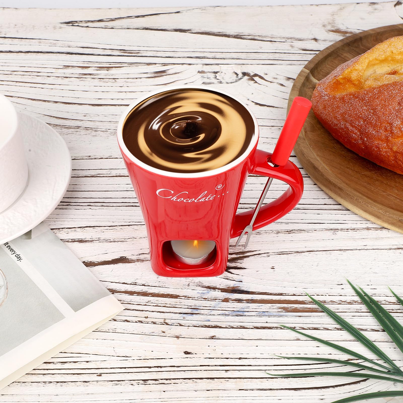 Juego Tazas para Fondue de Chocolate, Cerámica Mini Olla Fondue con Tenedor y Calentador de Velas Taza para Derretir Chocolate Ideal Postres Citas San Valentín Cumpleaños y Bodas (Rojo)
