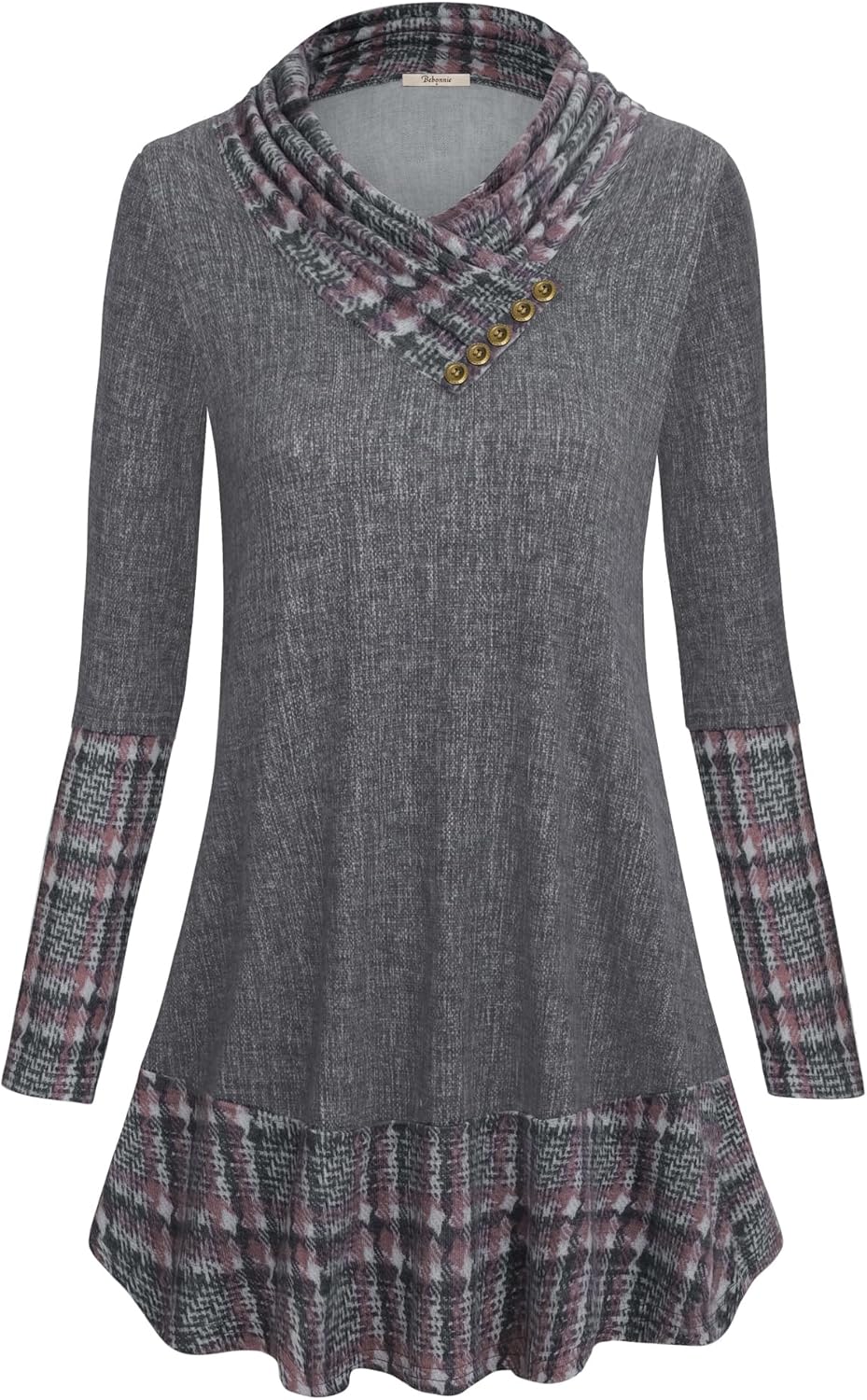 Bebonnie Cowl Neck Tunics Long Sleeve Patchwork Form Fitting Casual A-Line Top Blouse - Image 3