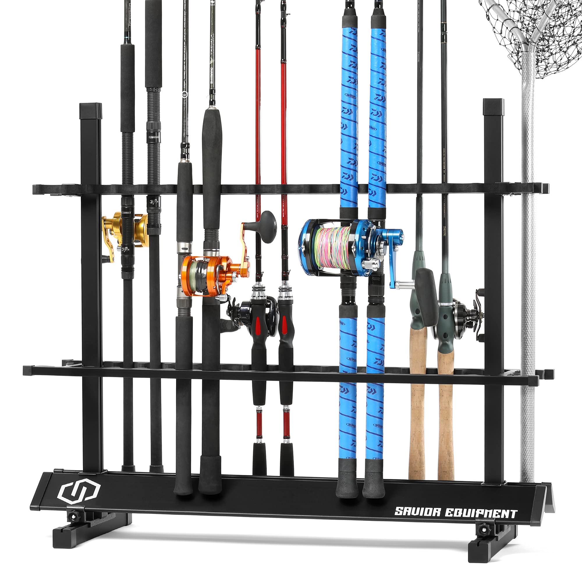 Savior Equipment Fishing Rod Rack Holder Organizer, Lightweight Aluminum Vertical Fish Pole Garage Storage Ground Display Stand, Hold Up to 36 Slots Fresh Salt Water Spinning Rods & Reel Combo, Black