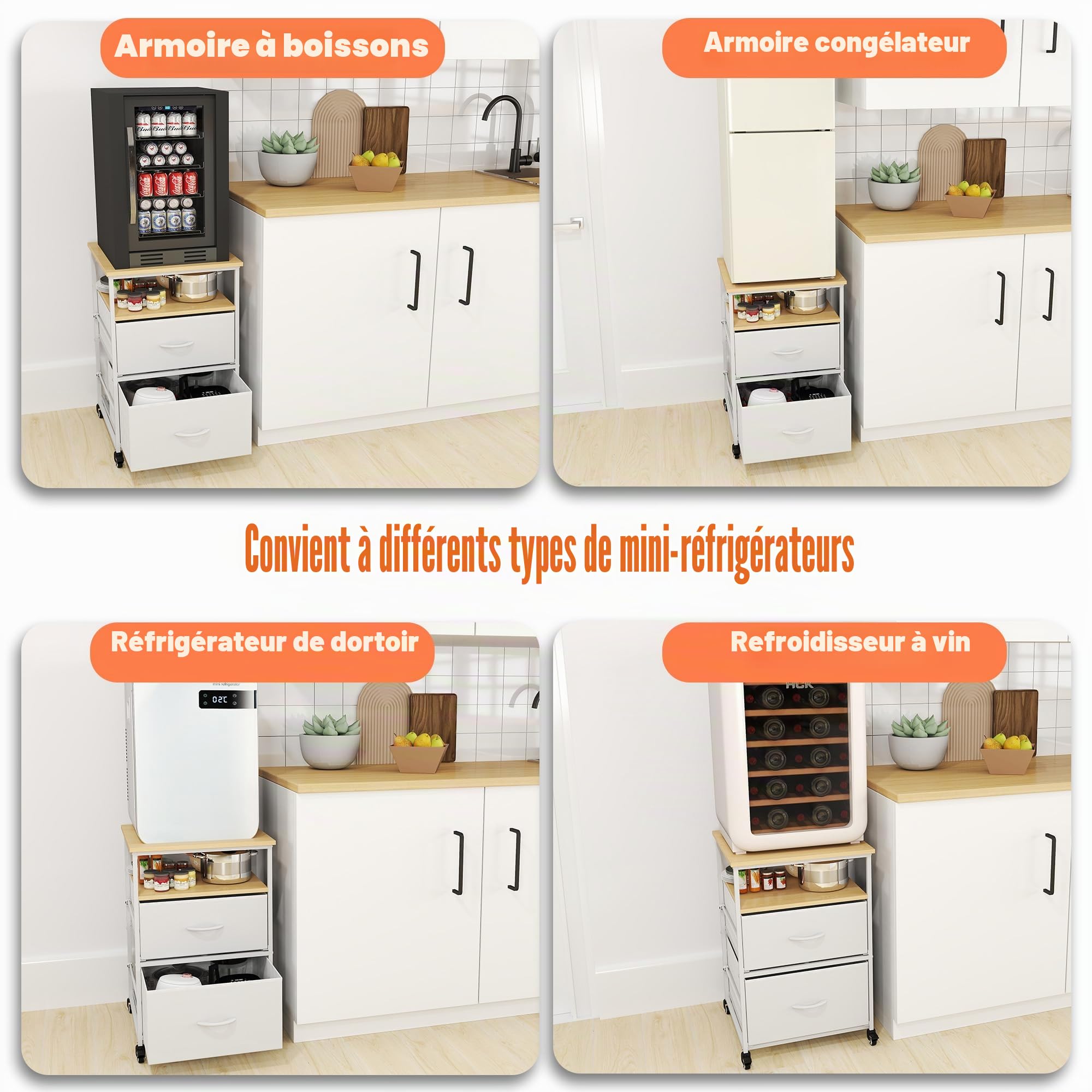 Mini support de réfrigérateur avec rangement mobile pour réfrigérateur - Mini armoire de réfrigérateur compacte à roulettes pour cuisine, chambre à coucher, bureau, dortoir, blanc