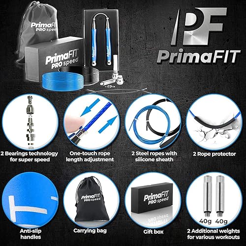 Miniatura 2 de PrimaFIT Jump Rope Pro Speed Skipping Rope Adjustable Adult Jumping Rope Weighted Aluminium Handles for Double Dutch Boxing Workout Crossfit