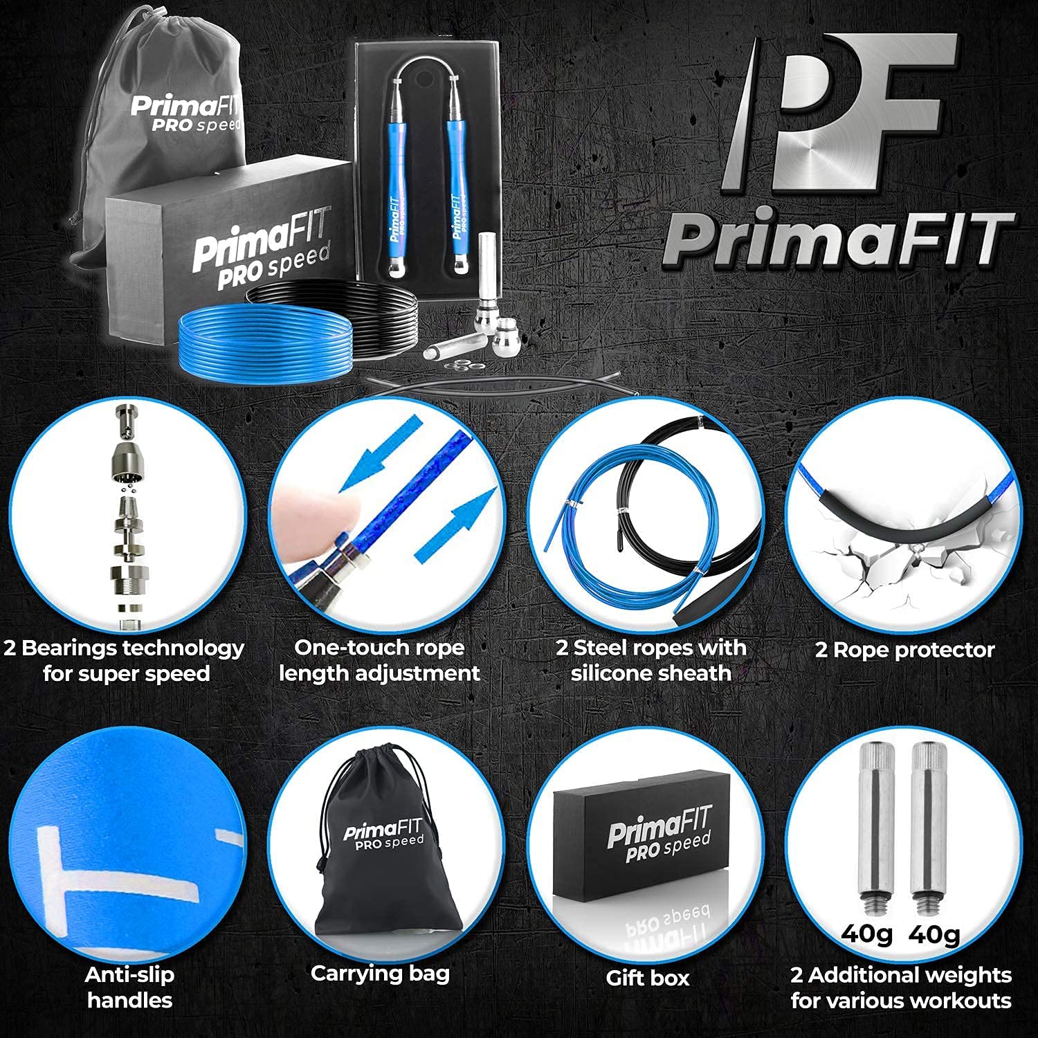 PrimaFIT Pro Speed Corda Per Saltare Professionale Con Pesi, Corda Salto Crossfit Pesante Regolabile Jump Rope Boxe, Cuscinetti a Sfera, Autobloccante, Alluminio, Perdita Peso,2 Cavi d'Acciaio & Borsa