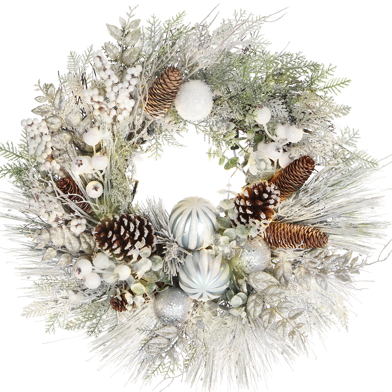 briful christmas wreaths for front door 2434 christmas white snow flocked door wreath with balls ornaments pinecone berries for xmas room fireplaces walls home indooroutdoor porch decor