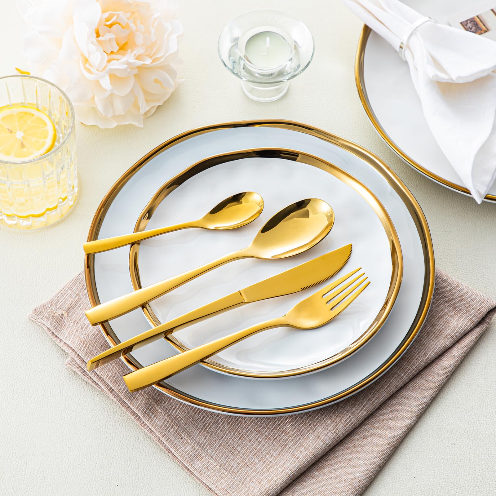 Vancasso - Cubiertos de mesa para 6 personas, 24 piezas, de acero inoxidable, incluye 1 cuchillo, 1 tenedor, 2 cucharas, para la familia, el restaurante, oro