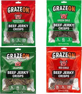GrazeOn Beef Jerky Crisps Variety Pack - High Protein, No Sugar, Crunchy Air-Dried Meat Snack, All-Natural, Low Carb, Keto, Paleo, Whole30, Spicy Pack All Natural Jerky Sampler with Red Chile, Jalapeño, Christmas, Green Chile - 2.0 oz (Pack of 4)