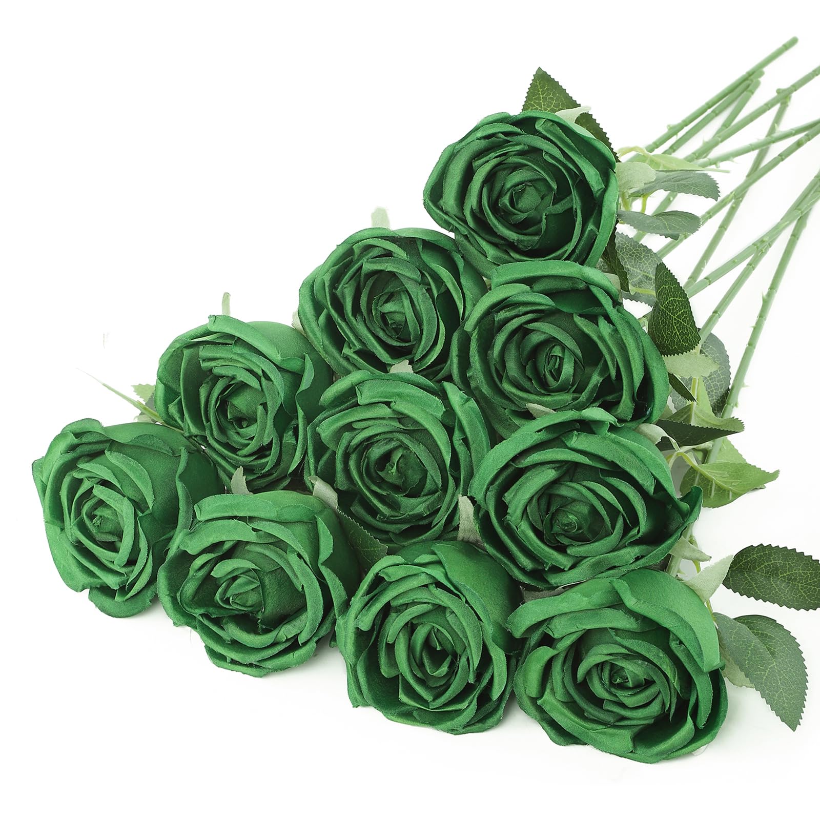 DuHouse 10pcs Fake Roses Artificial Silk Flowers Flower Long Stems Bouquet for Arrangement Wedding Centerpiece Party Home Kitchen Decor(Dark Green) — image 1