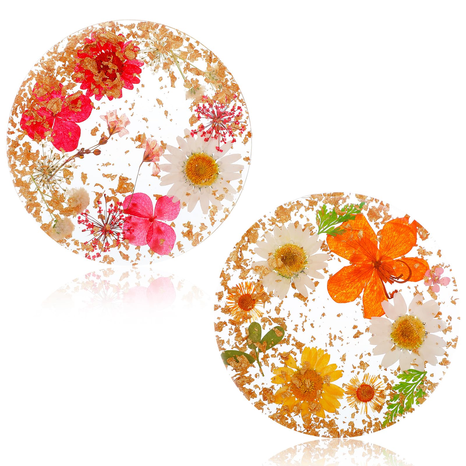 Guduling 2 Pcs Floral Resin Coaster,Non-Slip Resin Flower Coaster,Reusable Round Flower Coasters for Coffee Table Desk Kitchen Bar Mugs(2 Style)