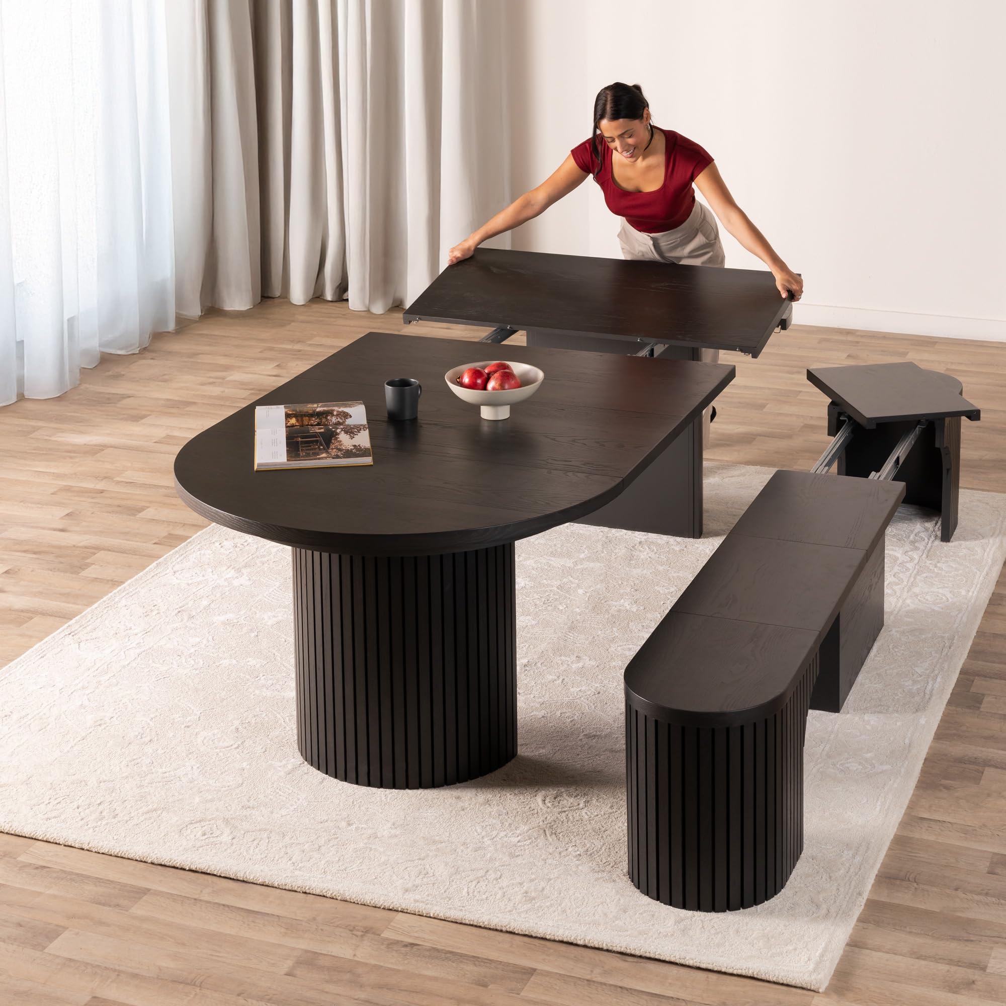 Transformer Table - Solid Wood Extendable Round Dining Table Set with Bench, Seats 4-10, Extendable Round Dining Set, Seat with Hidden Panel Storage, Black (Table + Bench)
