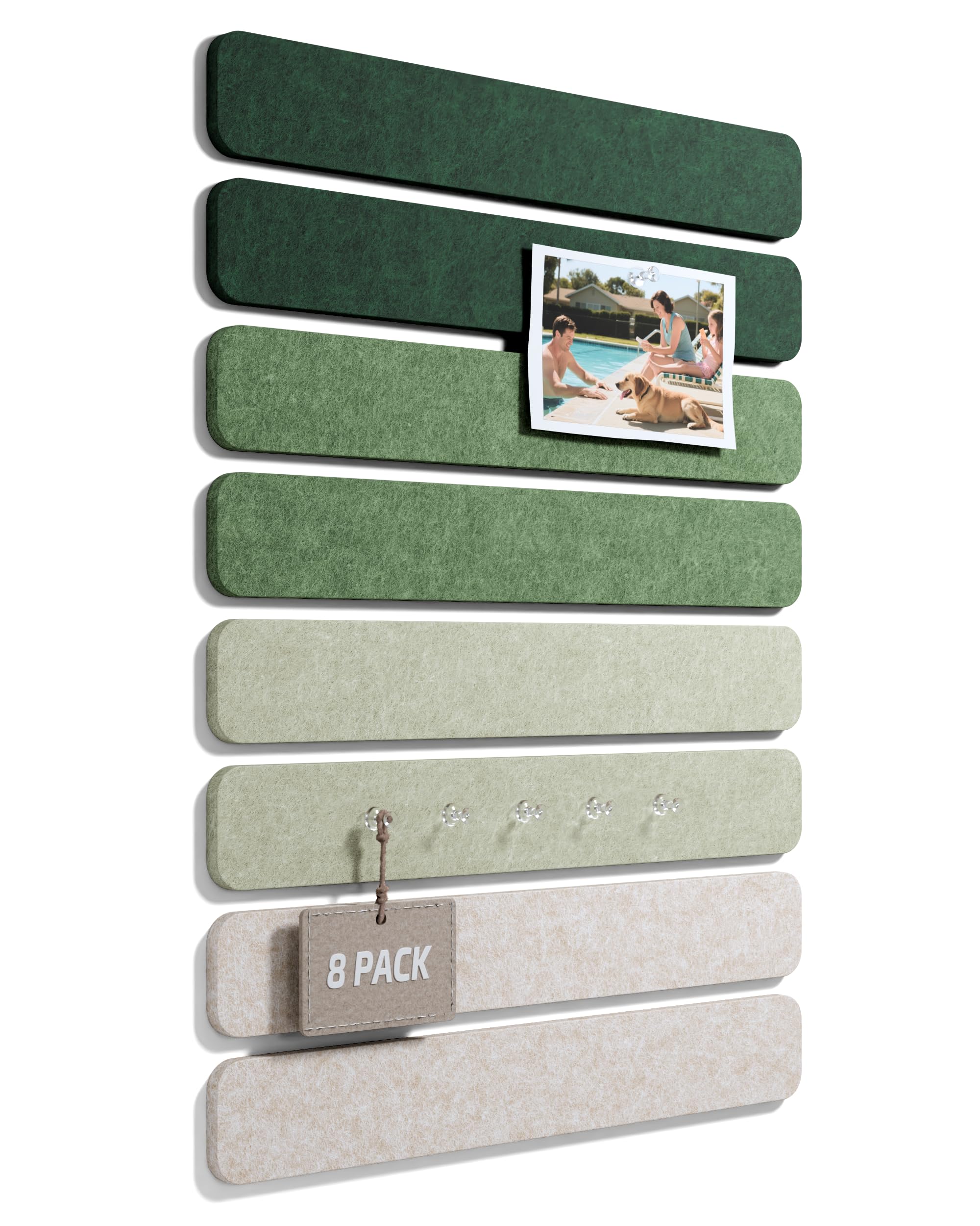 Fluxynara Cork Board Alternative Felt Strip Board 8-Pack 33x5 cm, Office Pin Board with Push Pins, Adhesive Install for Bedroom Door & Home Office (Sagewood)