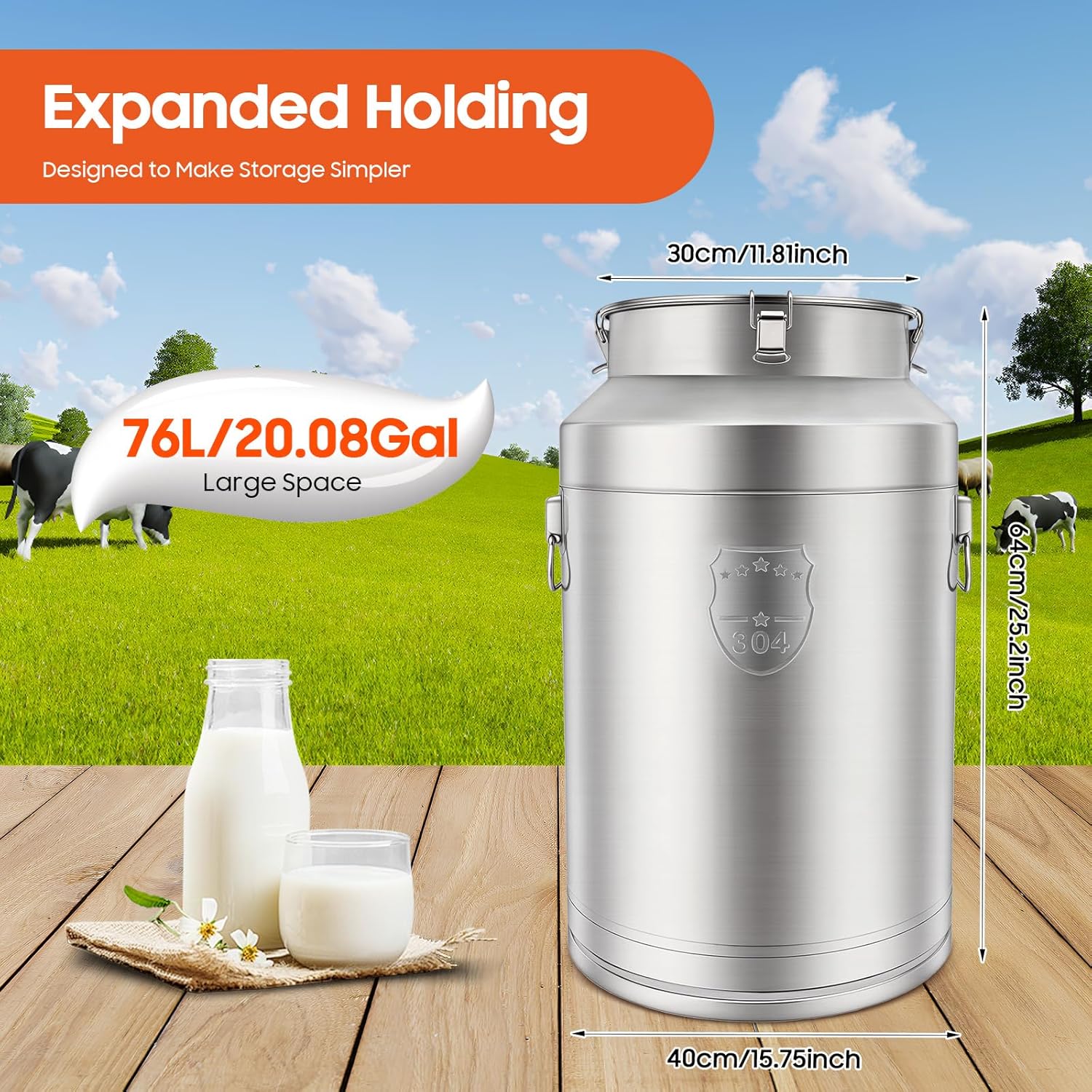 20 Gallon Milk Bucket Milk Bin with Lid, 76L 304 Stainless Steel Portable Food Storage Container Bucket, Wine Pail Buckets Metal Tote Jug for for Wine Oil Grain