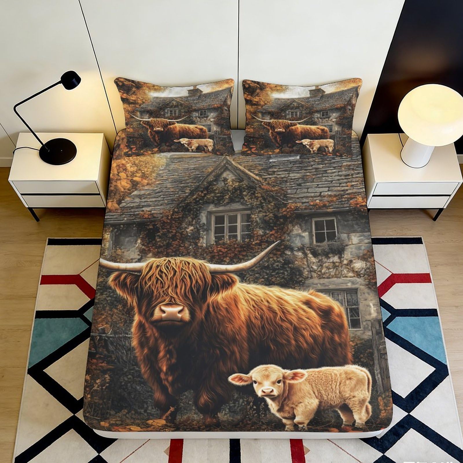 3D Printed Highland Cow Brown Fitted Sheet Microfiber Soft Breathable Calf Bed Cover for Bedroom Dormitory Guest Room Mattress Protection Decor 140x200x25cm