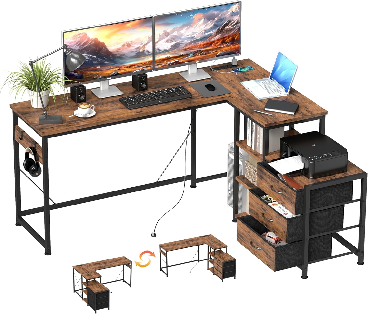 YOSHOOT 55" L Shaped Computer Desk with 3 Fabric Drawers - Gaming Desk with Power Outlets & Open Shelves, Corner Desk L Shape for Home Office Work Study, Rustic Brown