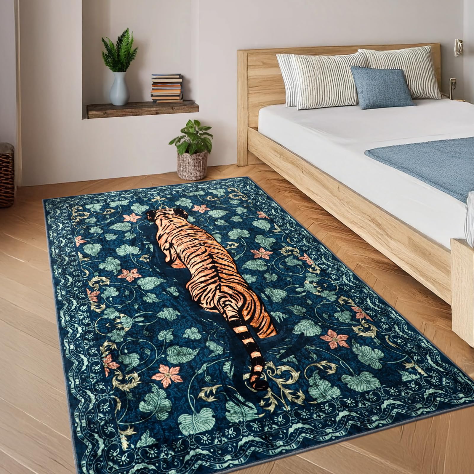 Alfombra lavable para salón, 120 x 180 cm, alfombra verde tigre con base antideslizante, alfombra suave y corta para cocina, alfombra grande bohemia para baño, dormitorio, oficina