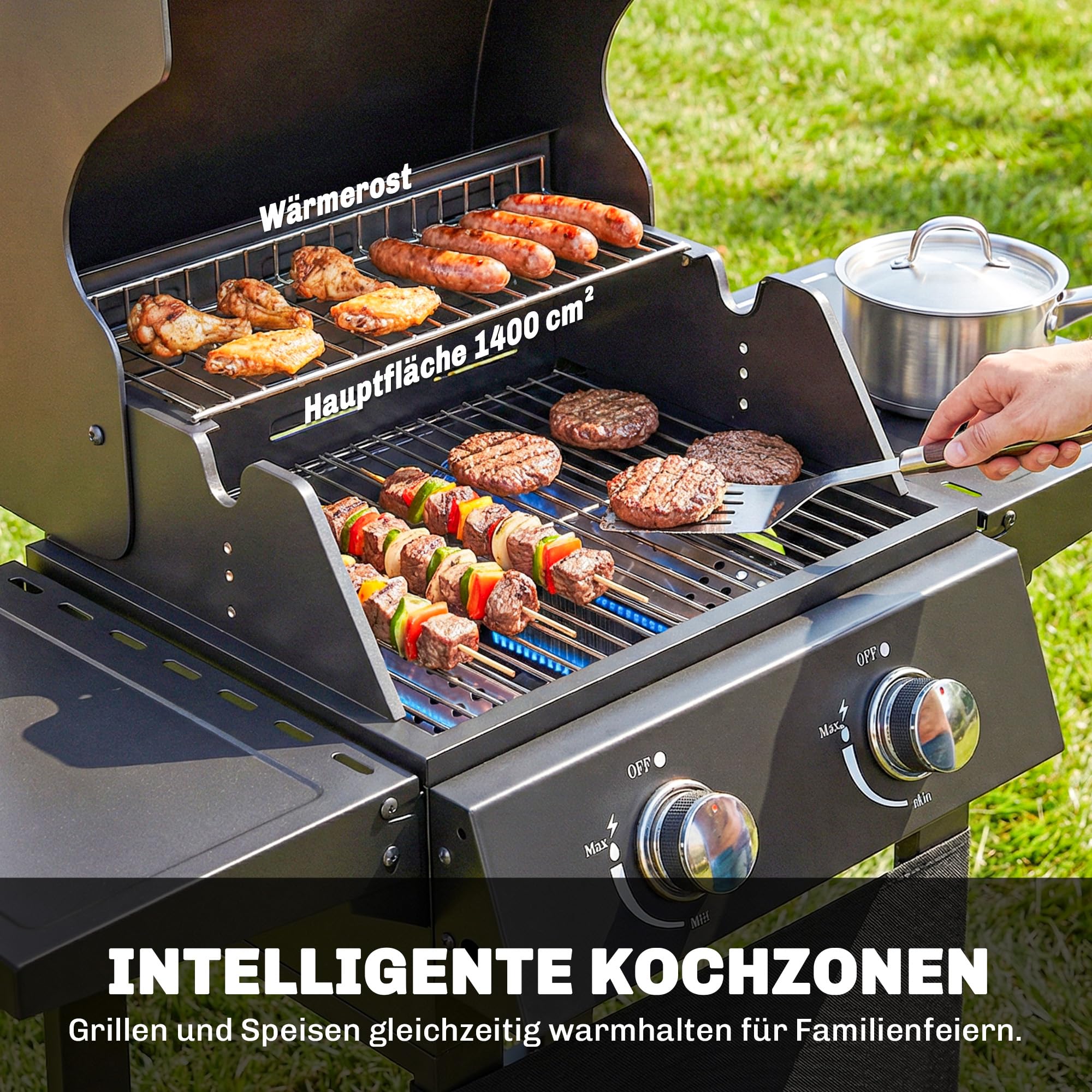 Outsunny Gasgrill 5,4 KW 2 Brenner Stahl BBQ Grillwagen inkl klappbar Seitentisch Thermometer verchromter Grillrost Warmhalterost Rolle Unterschrank, Gas-Grill für Balkon Party BBQ Schwarz