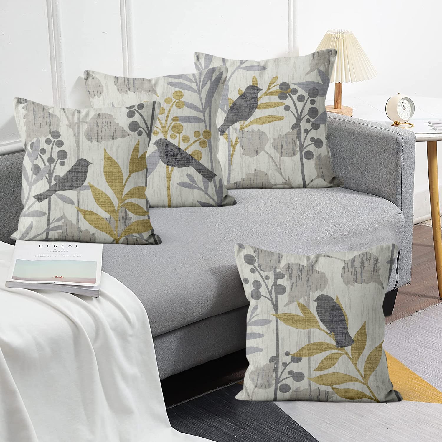ASDCXZ Spring Pillow Cover 40x40 cm 4er Set, Retro Flower Leaves Bird Grey Sofa Cushion Covers, Washable Polyester Flax Textile Outdoor - Image 3