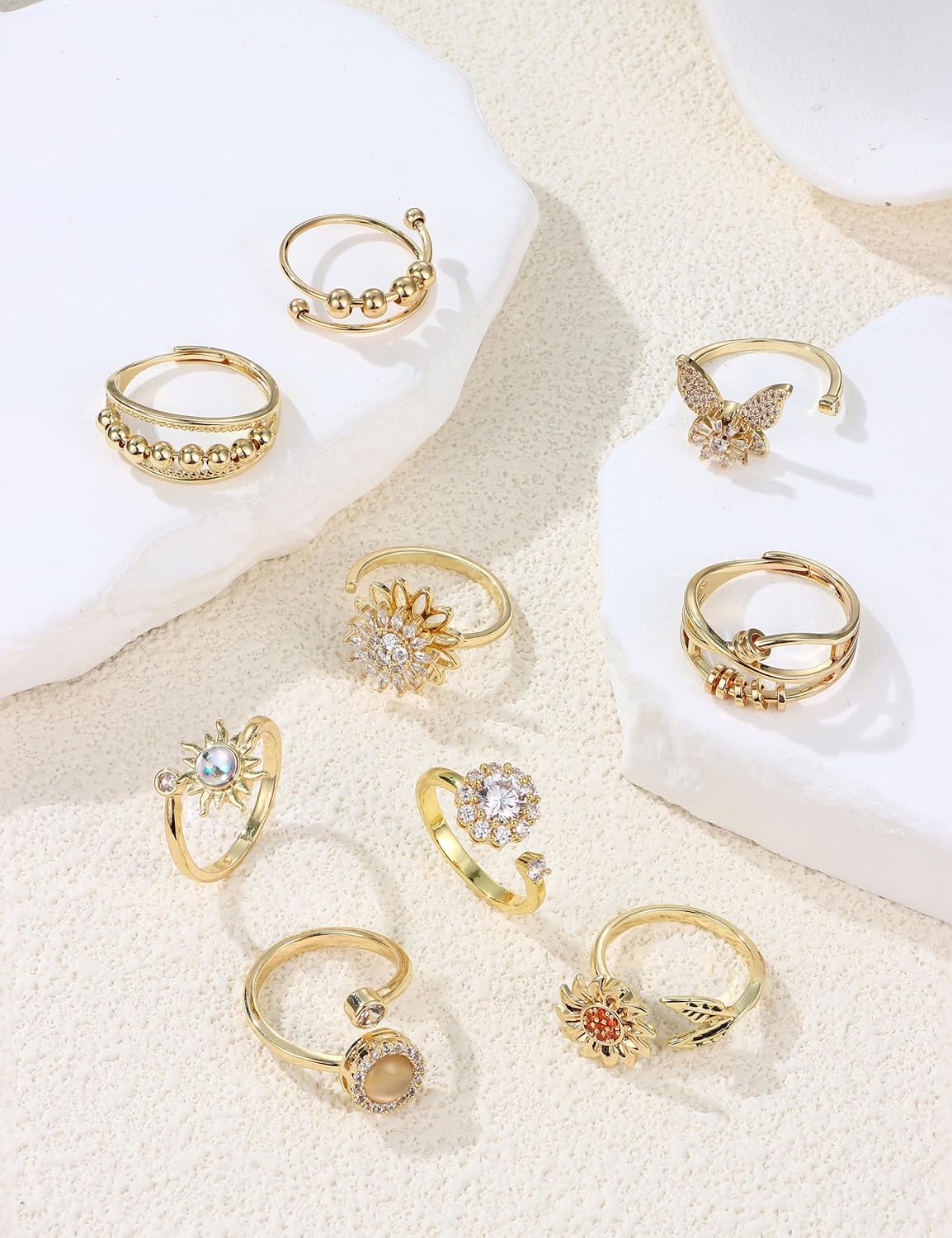MILACOLATO 14K Gold Plated Fidget Ring for Women Adjustable Anxiety Rings Open CZ Butterfly Sunflower Bead Spinner Rings for Anxiety Stress Relief - Image 6