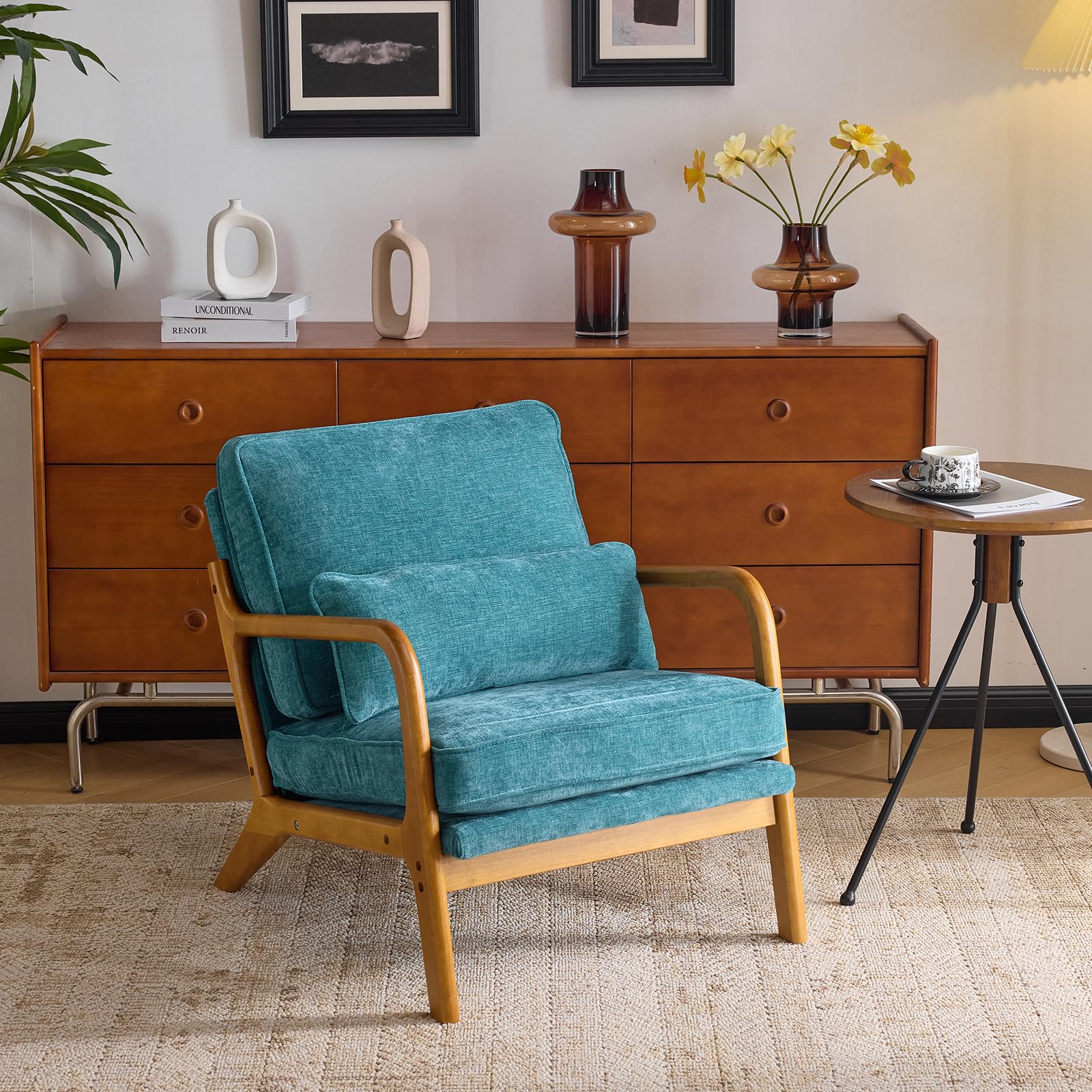 Bonnlo Accent Chair, Soild Wood Padding Lounge Armchairs, Occasional Reading Chair with Cushions and Lumbar Pillow, Armchairs for Living Room, Bedroom, Guest Room, Chenille, Elegant Blue