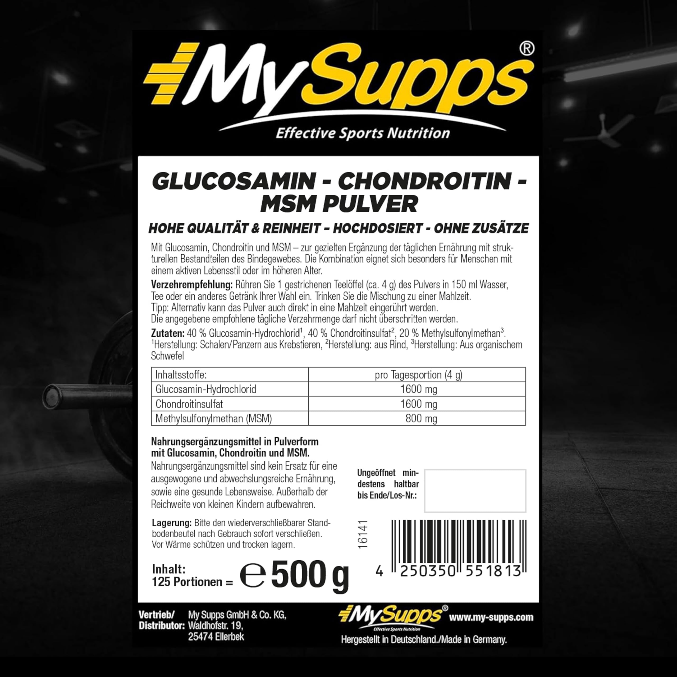 My Supps Glucosamin Chondroitin MSM Komplex l 500g Pulver hochdosiert für 4 Monate | 40% Glucosamin, 40% Chondroitinsulfat, 20% MSM | Neutral & gut löslich | Ohne Zusätze | Made in Germany