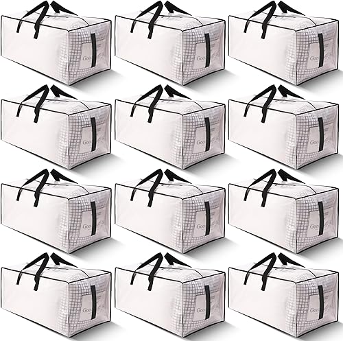 Paquete de 12 bolsas de mudanza grandes y fuertes con cremalleras y asas de transporte, resistente al agua, bolsa de almacenamiento resistente para