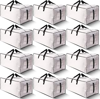 12 Pack Large Strong Moving Bags with Zippers & Carrying Handles - Water-Resistant - Heavy Duty Storage Tote for Space Saving, Fold Flat, Alternative to Moving Box (Semi-Transparent)