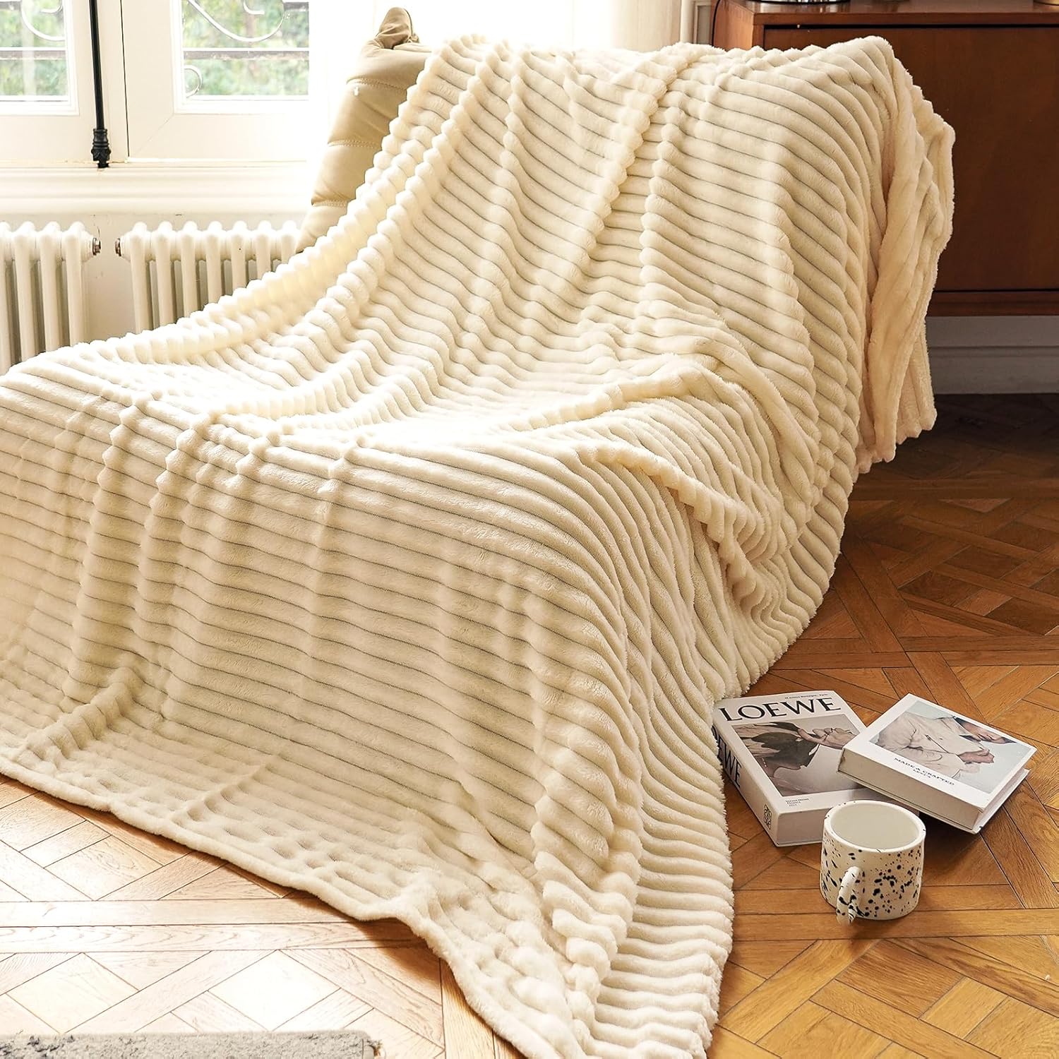 60x80’’ Cream White Throw Blanket, Ribbed Fleece Throw