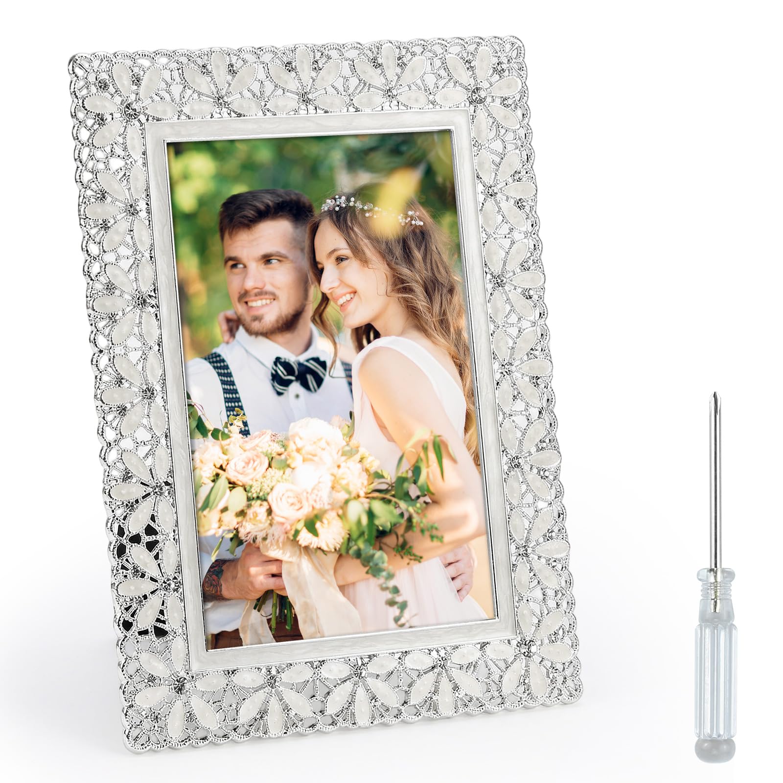 6x4 Photo Frame - Wedding Picture Frames 4x6 Metal Photo Frame with Holder Wall Mounted Display Vertical & Horizontal Beautiful Flower Design Tabletop for Wedding Art Print Family Picture Drawing