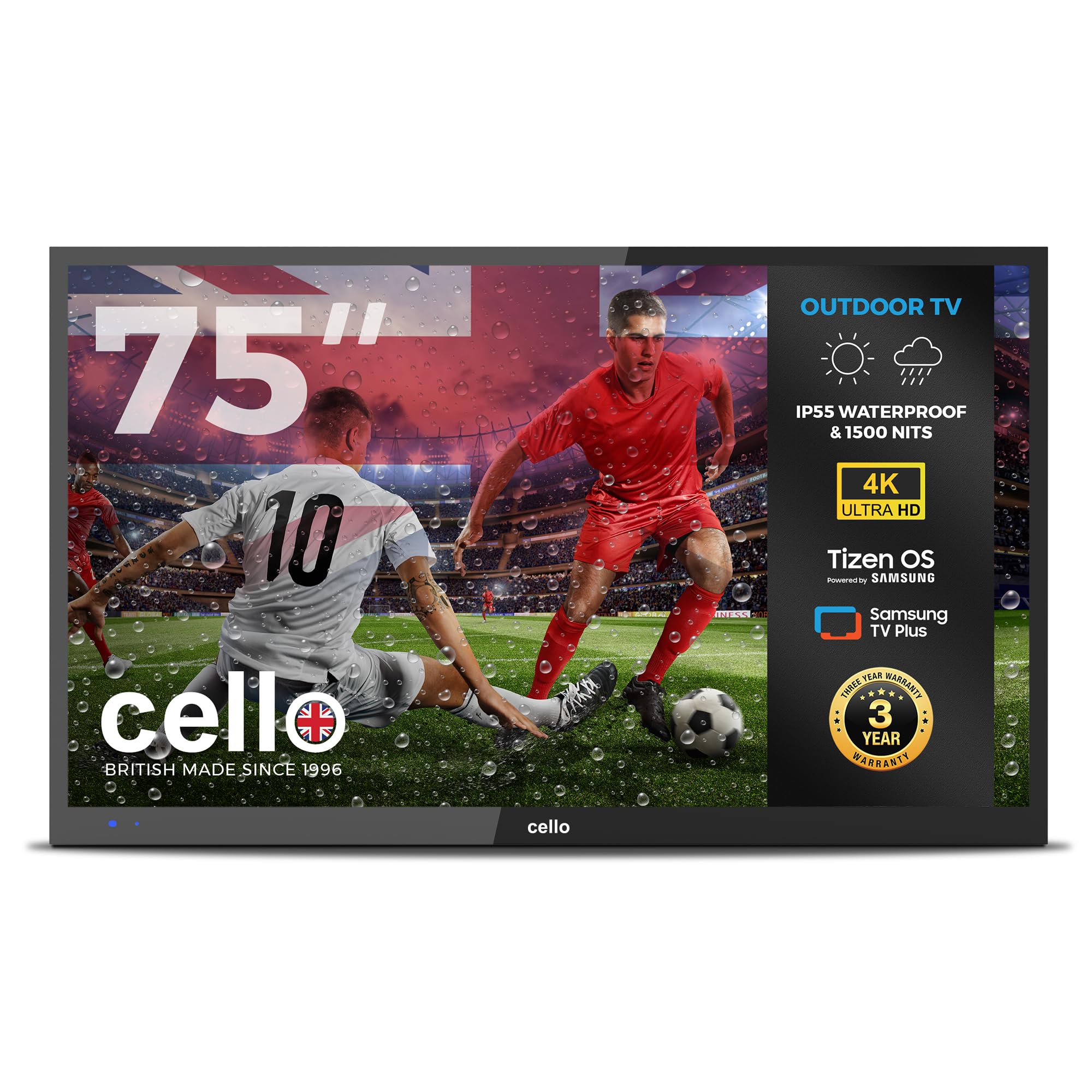 Cello COD75TZ 75-inch Tizen OS Outdoor Smart LED, 240V 4K TV, By Samsung, 3 Years Warranty, Pitch Perfect Speakers, Waterproof IP55, 1500 nits, Netflix, Prime Video, TV for Garden & Patio